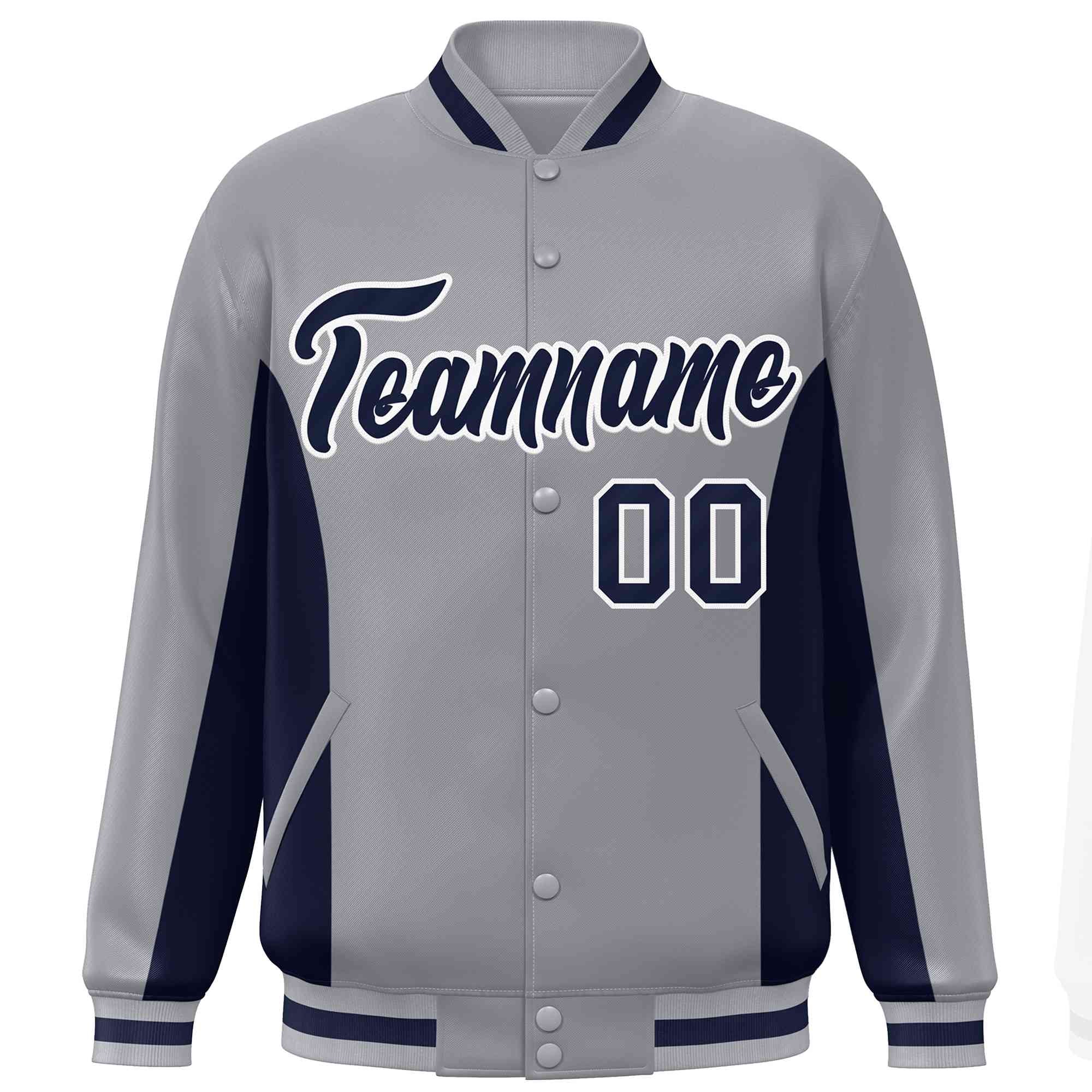 Custom Gray Navy Varsity Full-Snap Color Block Letterman Baseball Jacket