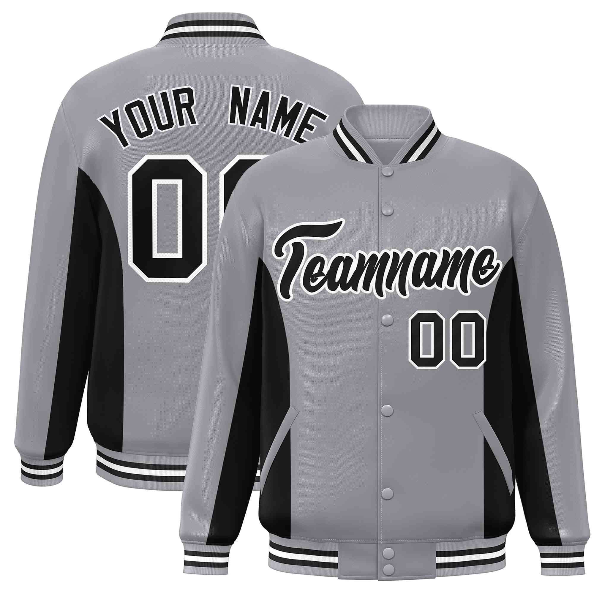 Custom Gray Black Varsity Full-Snap Color Block Letterman Baseball Jacket