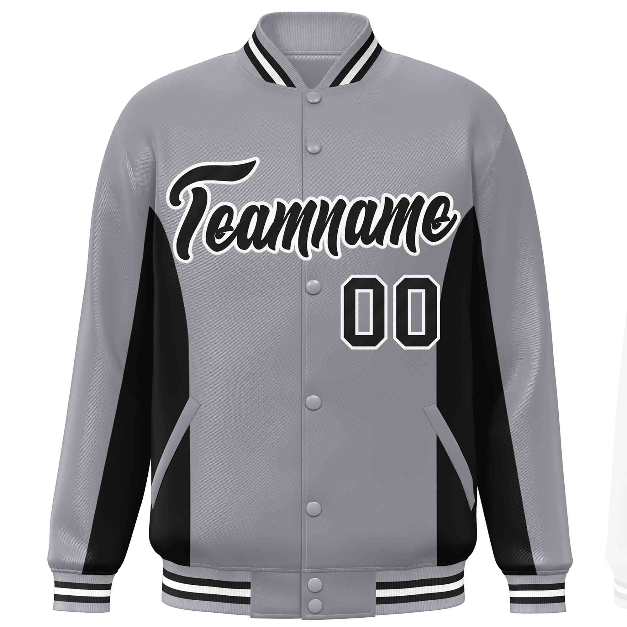 Custom Gray Black Varsity Full-Snap Color Block Letterman Baseball Jacket