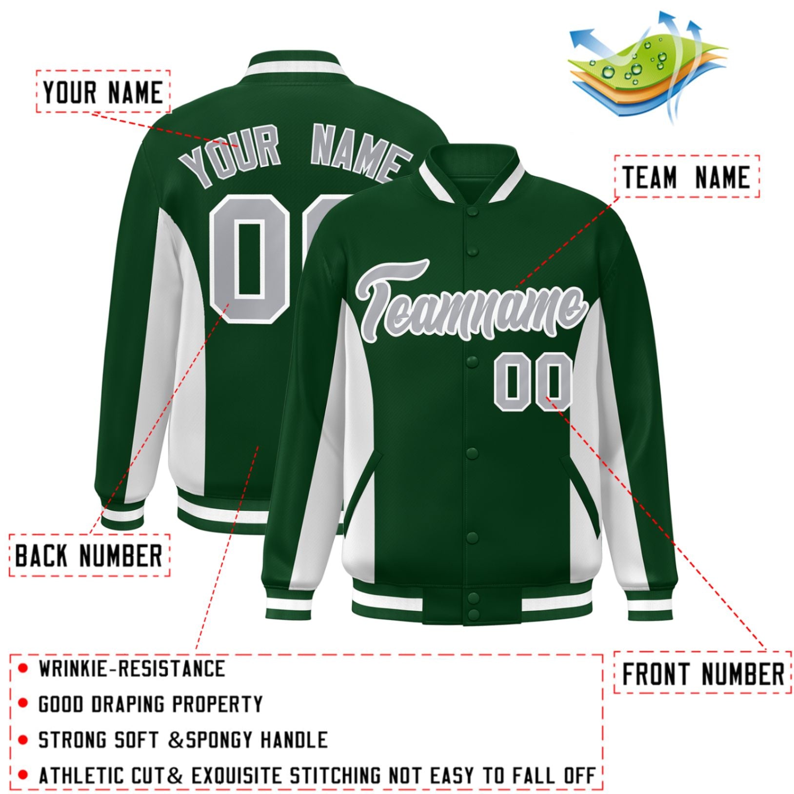 Custom Green White-Gray Varsity Full-Snap Color Block Letterman Baseball Jacket