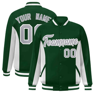 Custom Green White-Gray Varsity Full-Snap Color Block Letterman Baseball Jacket