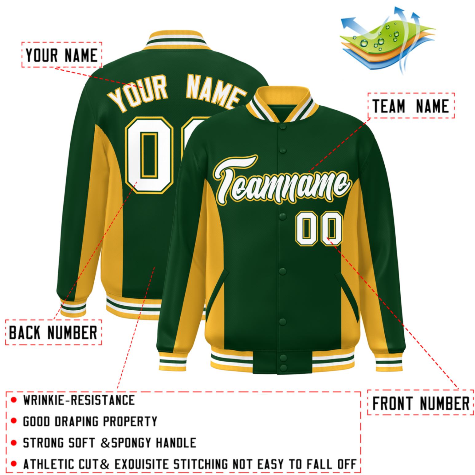 Custom Green Gold-White Varsity Full-Snap Color Block Letterman Baseball Jacket