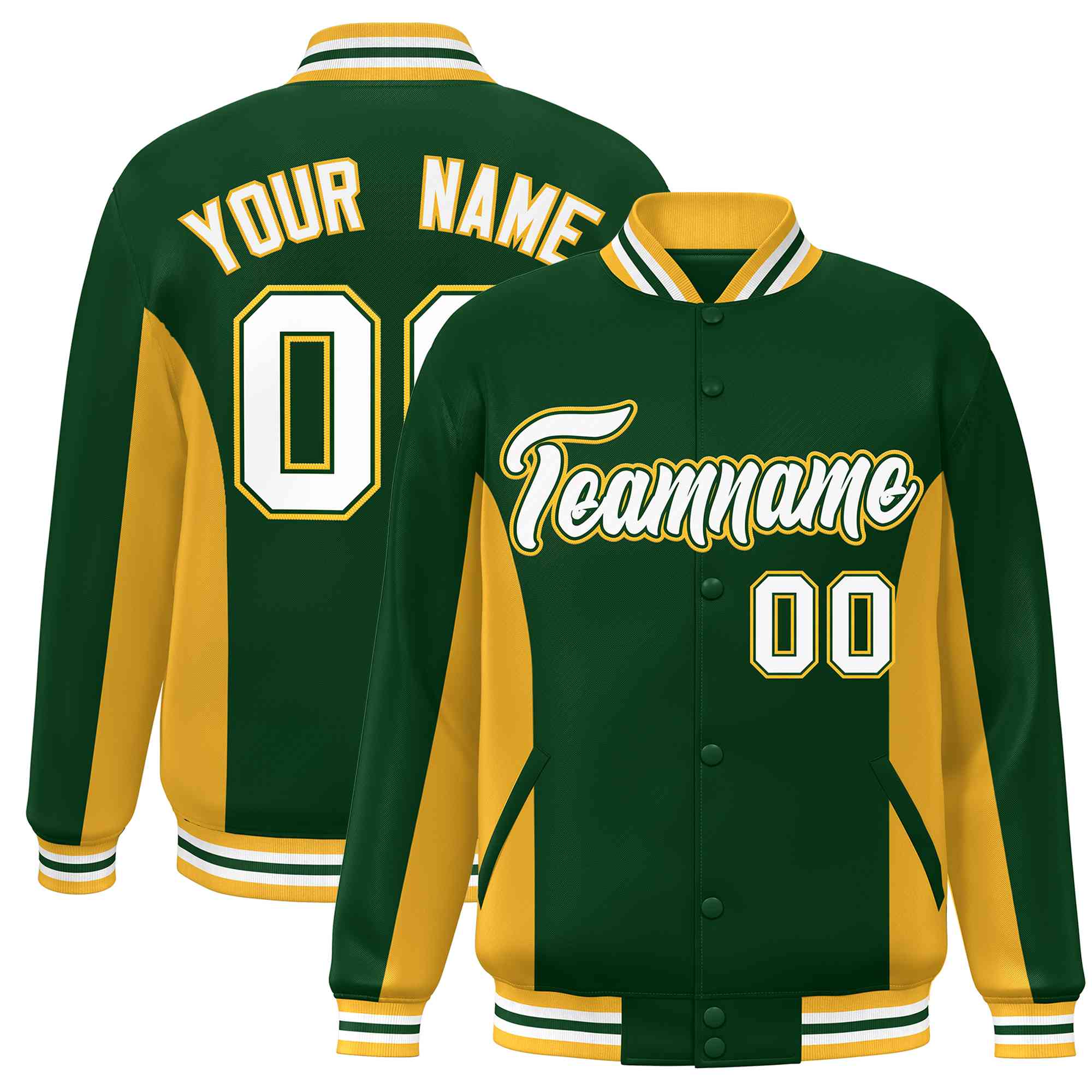 Custom Green Gold-White Varsity Full-Snap Color Block Letterman Baseball Jacket