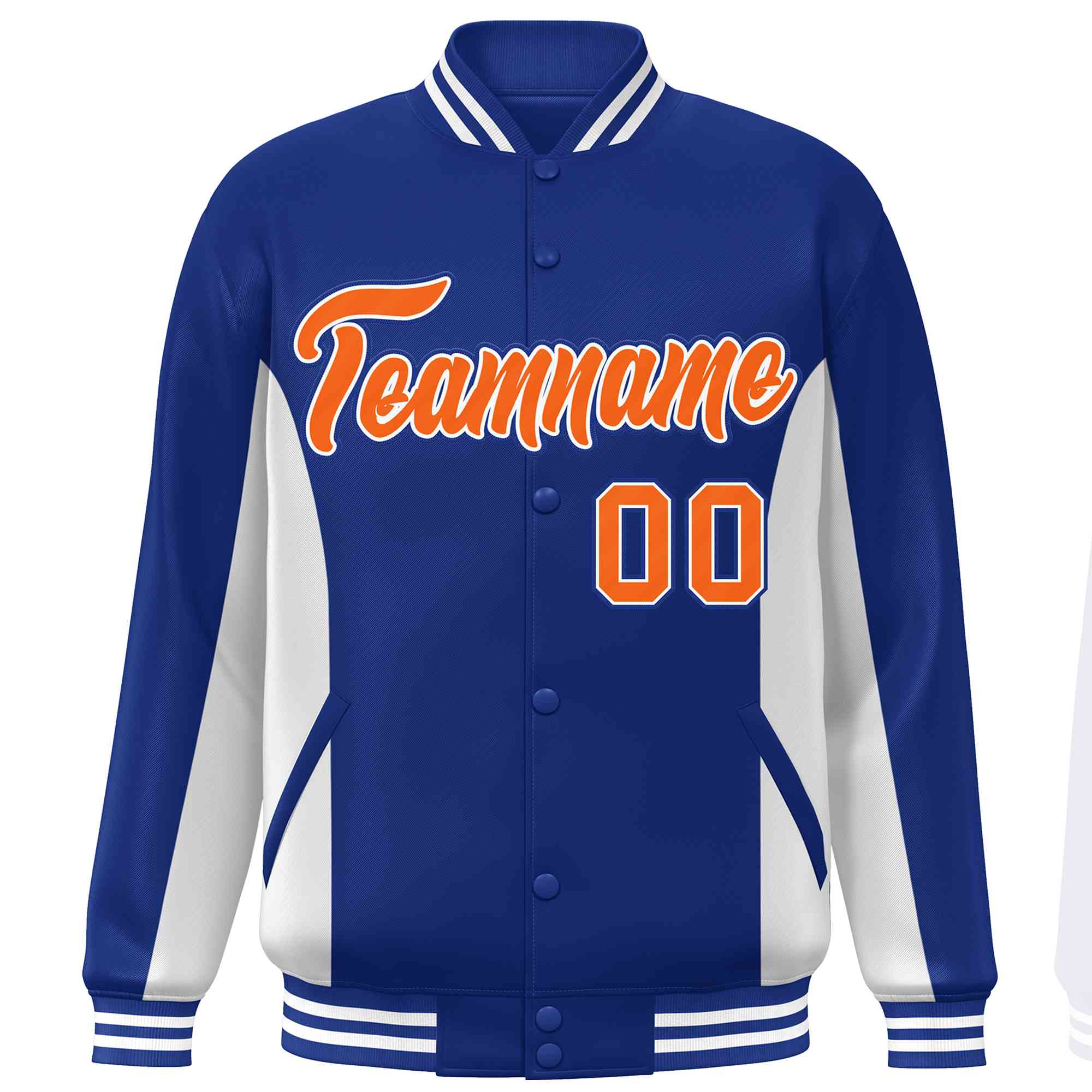 Custom Royal White-Orange Varsity Full-Snap Color Block Letterman Baseball Jacket