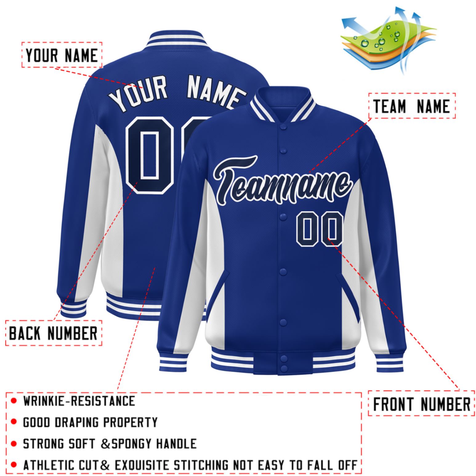 Custom Royal White-Navy Varsity Full-Snap Color Block Letterman Baseball Jacket