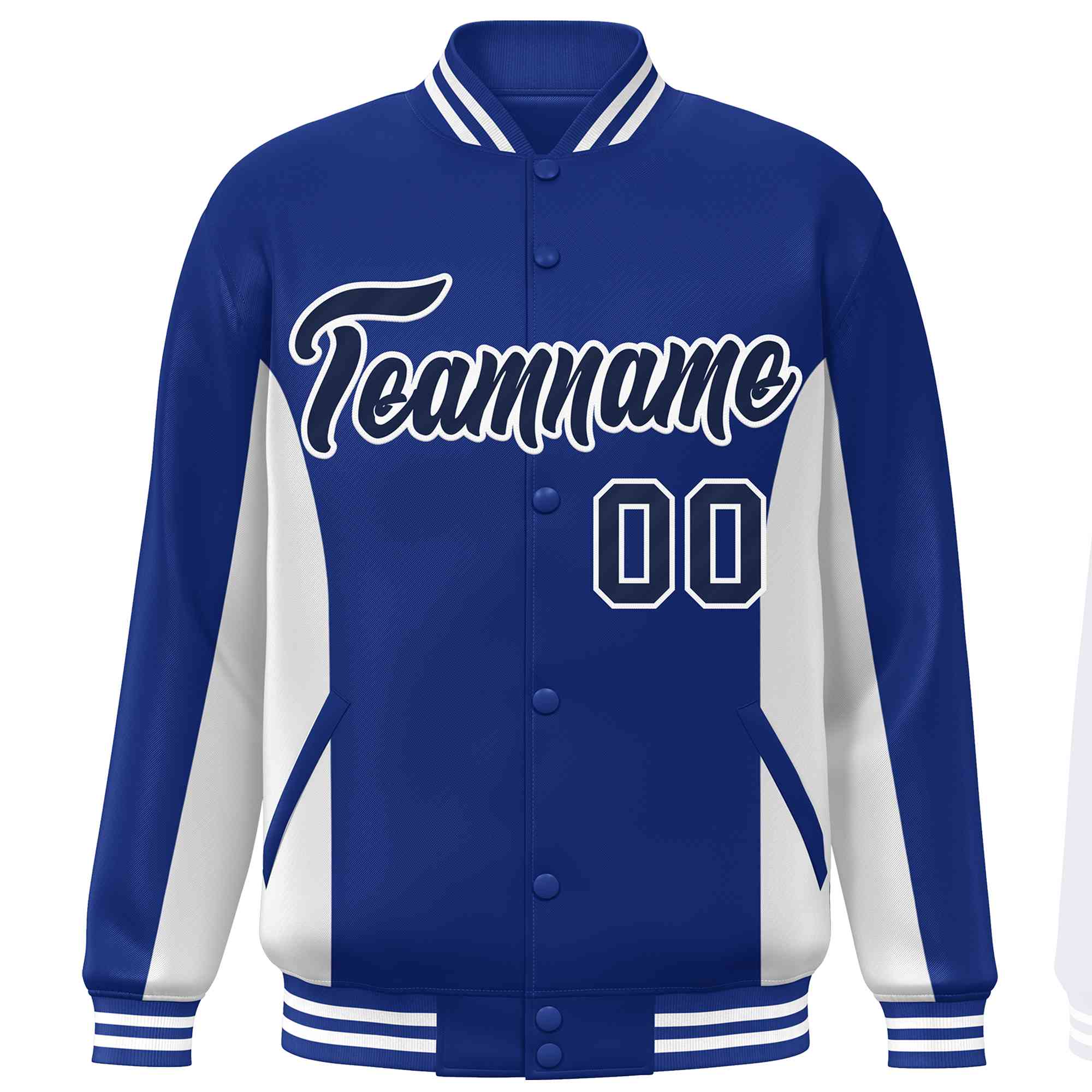 Custom Royal White-Navy Varsity Full-Snap Color Block Letterman Baseball Jacket