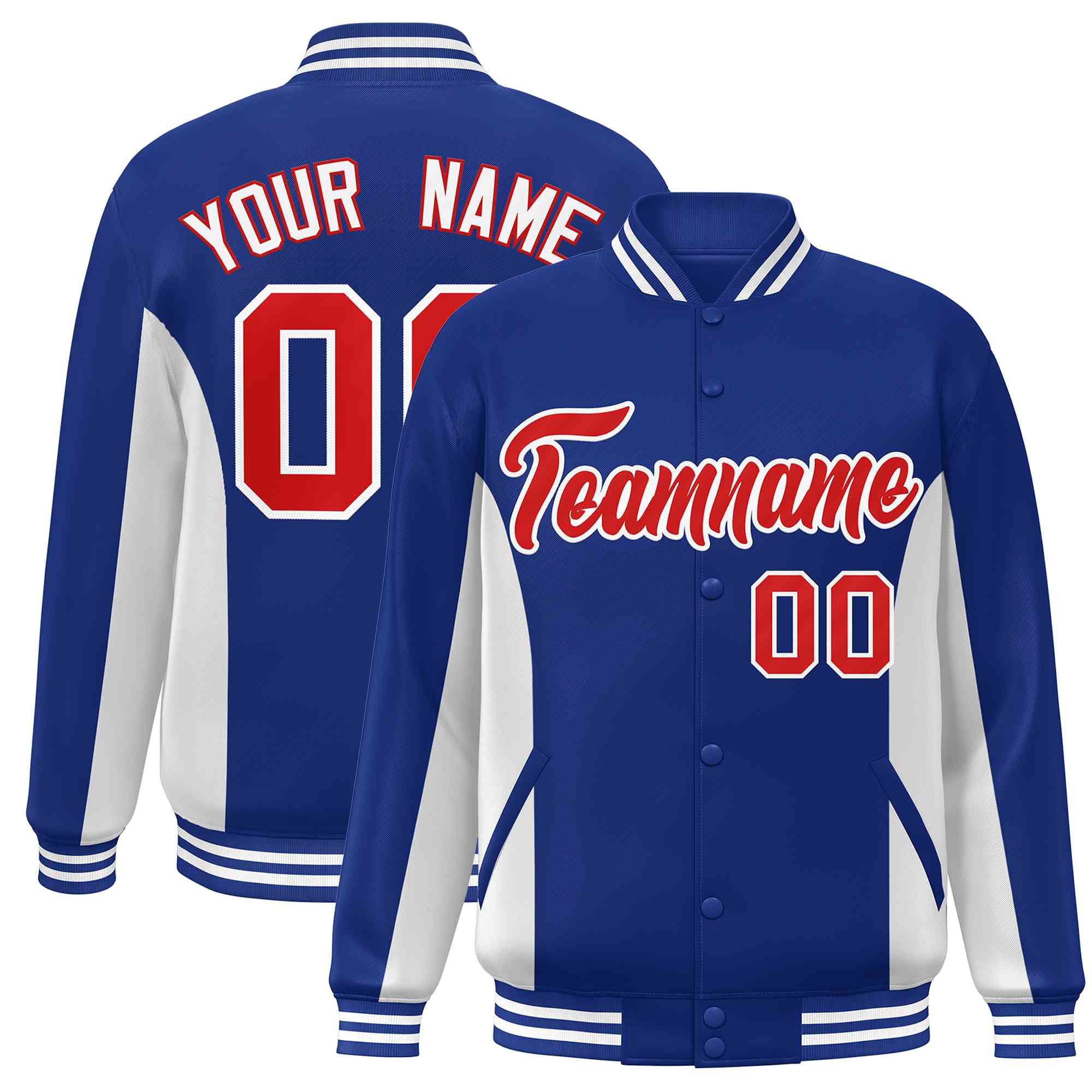 Custom Royal White-Red Varsity Full-Snap Color Block Letterman Baseball Jacket