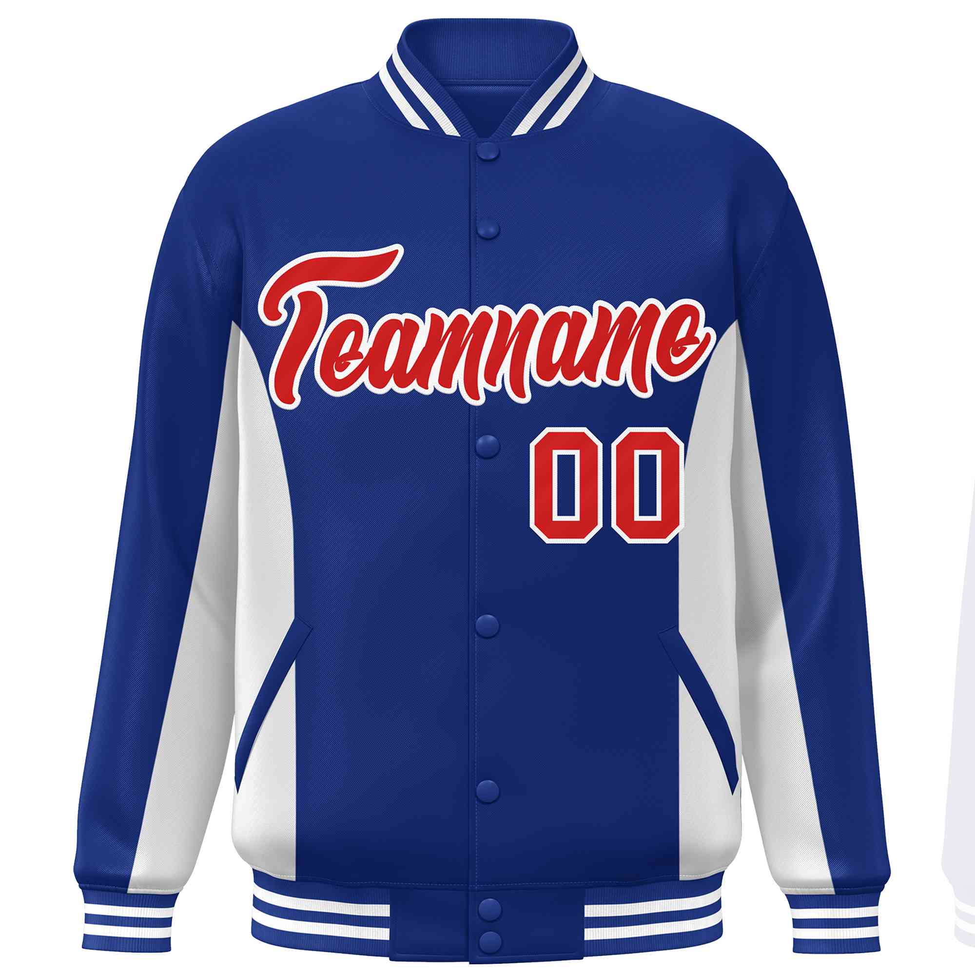 Custom Royal White-Red Varsity Full-Snap Color Block Letterman Baseball Jacket