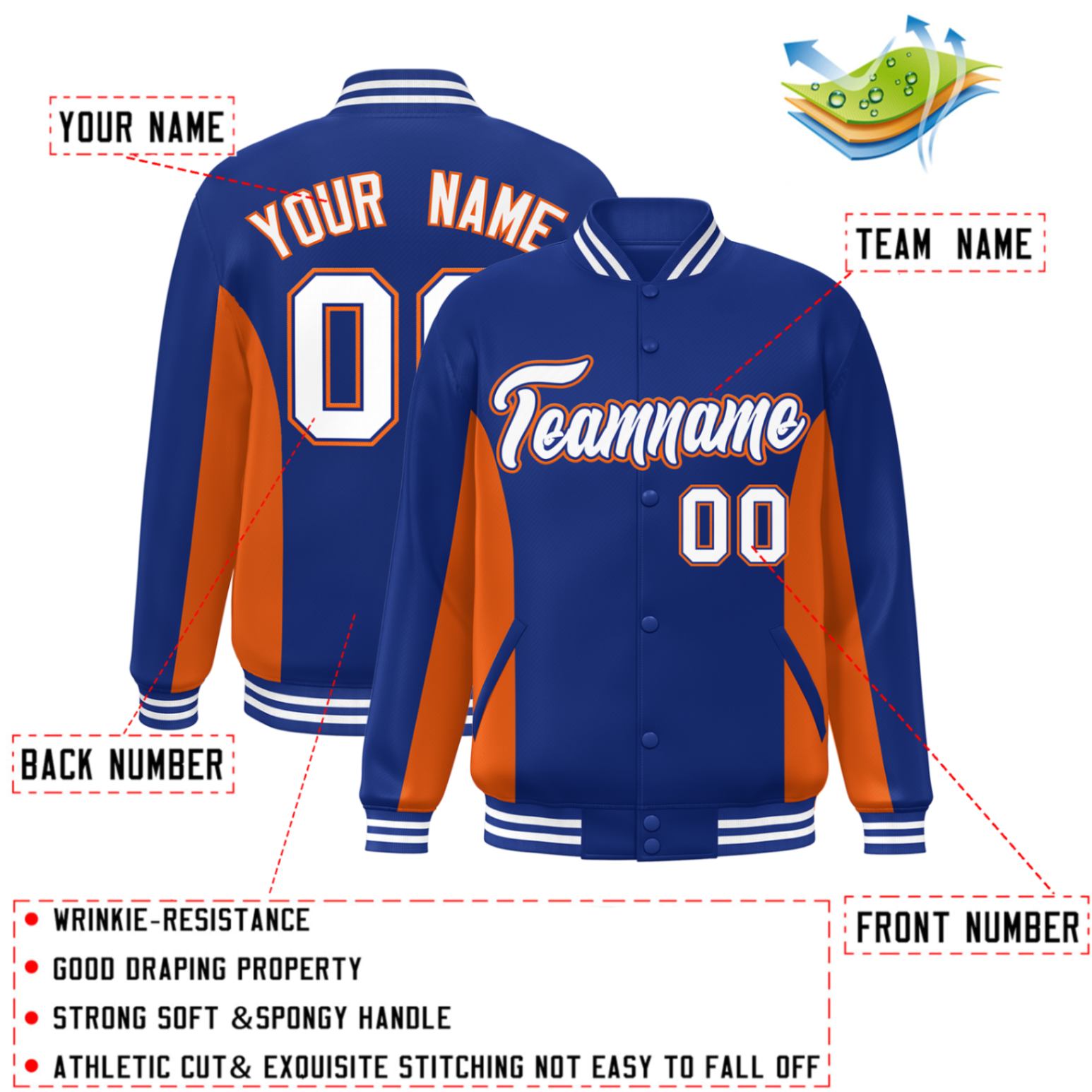 Custom Royal Orange-White Varsity Full-Snap Color Block Letterman Baseball Jacket