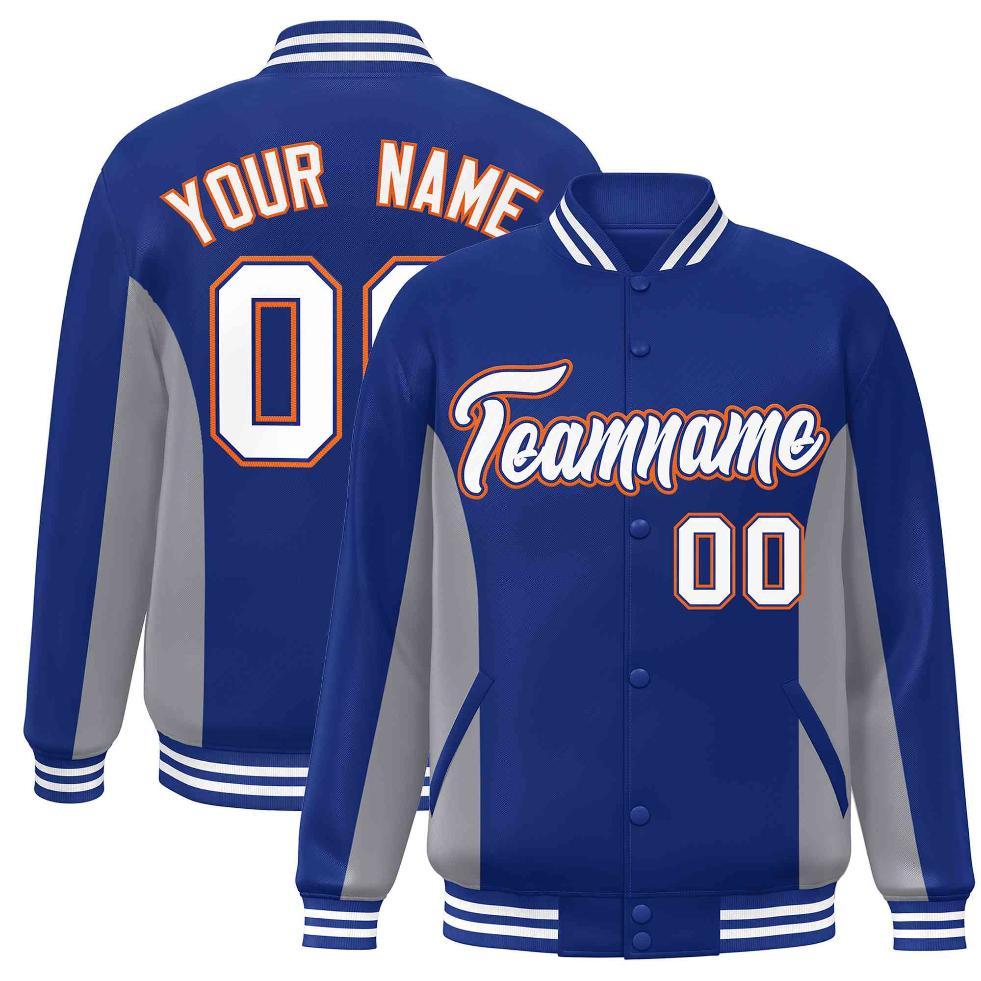 Custom Royal Gray-White Varsity Full-Snap Color Block Letterman Baseball Jacket