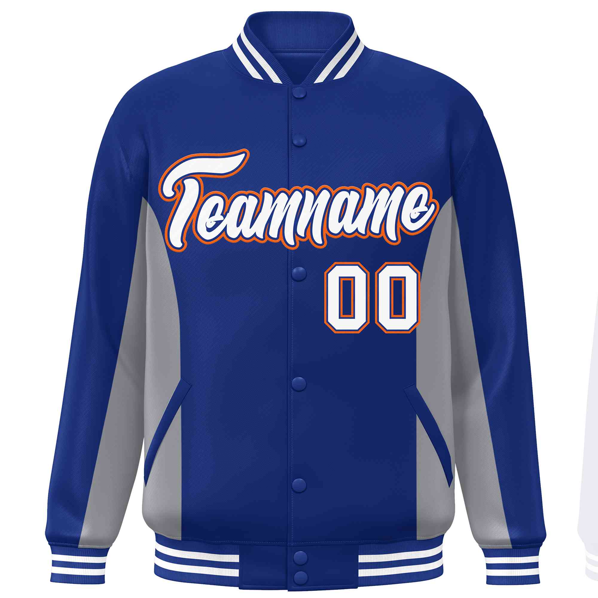 Custom Royal Gray-White Varsity Full-Snap Color Block Letterman Baseball Jacket