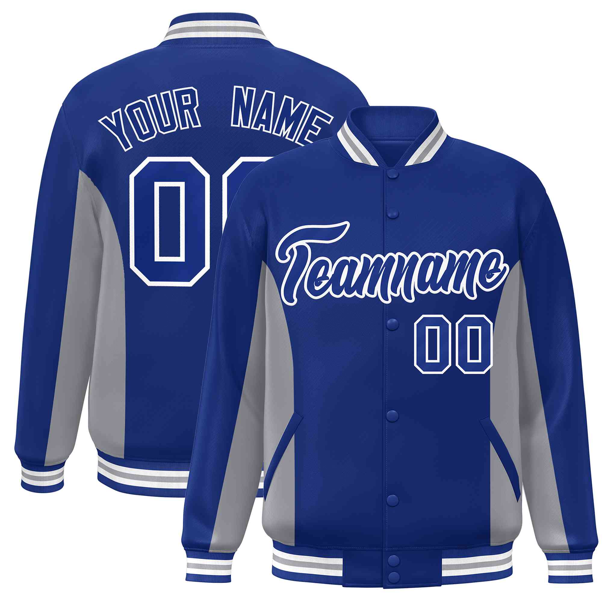 Custom Royal Gray Varsity Full-Snap Color Block Letterman Baseball Jacket