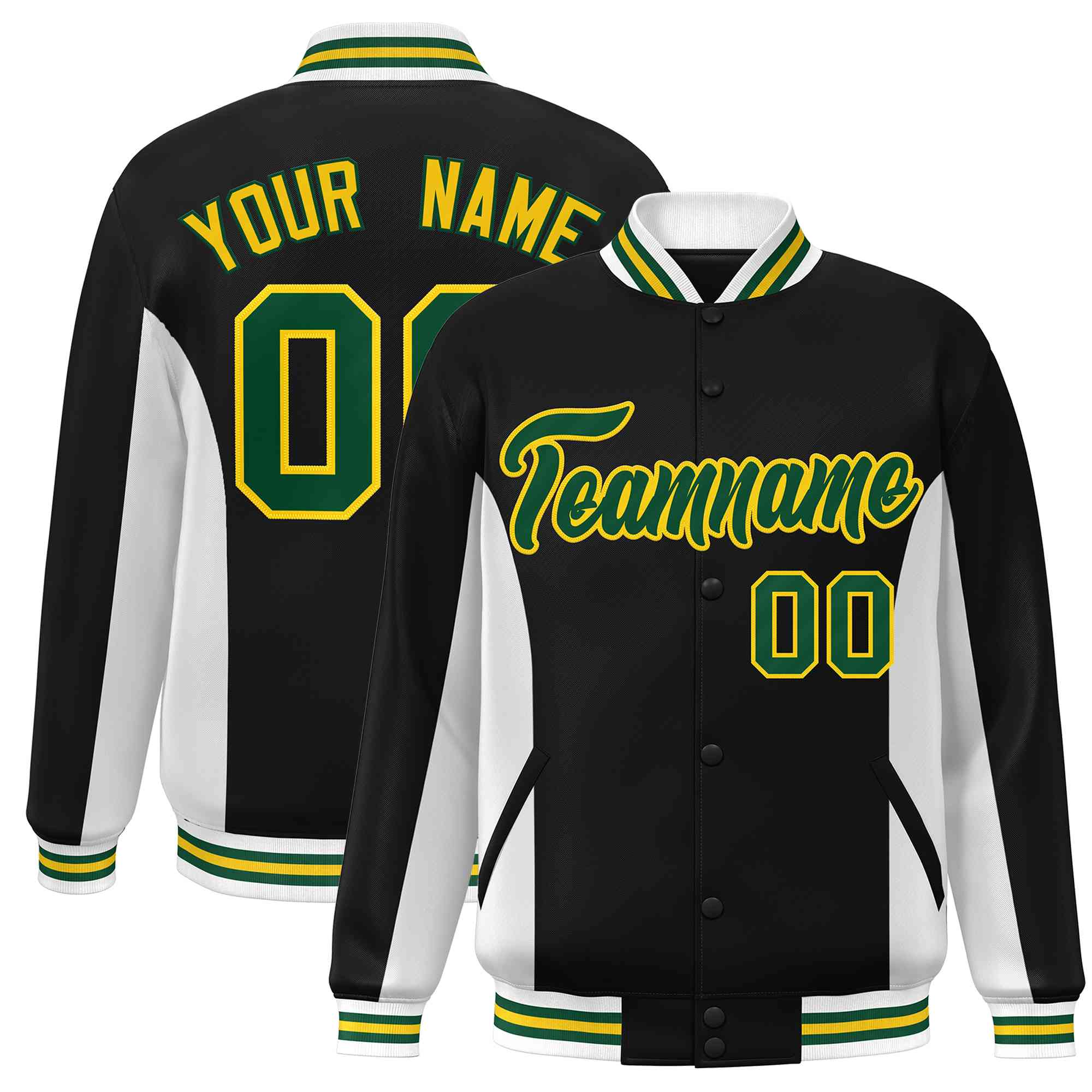 Custom Black White-Green Varsity Full-Snap Color Block Letterman Baseball Jacket