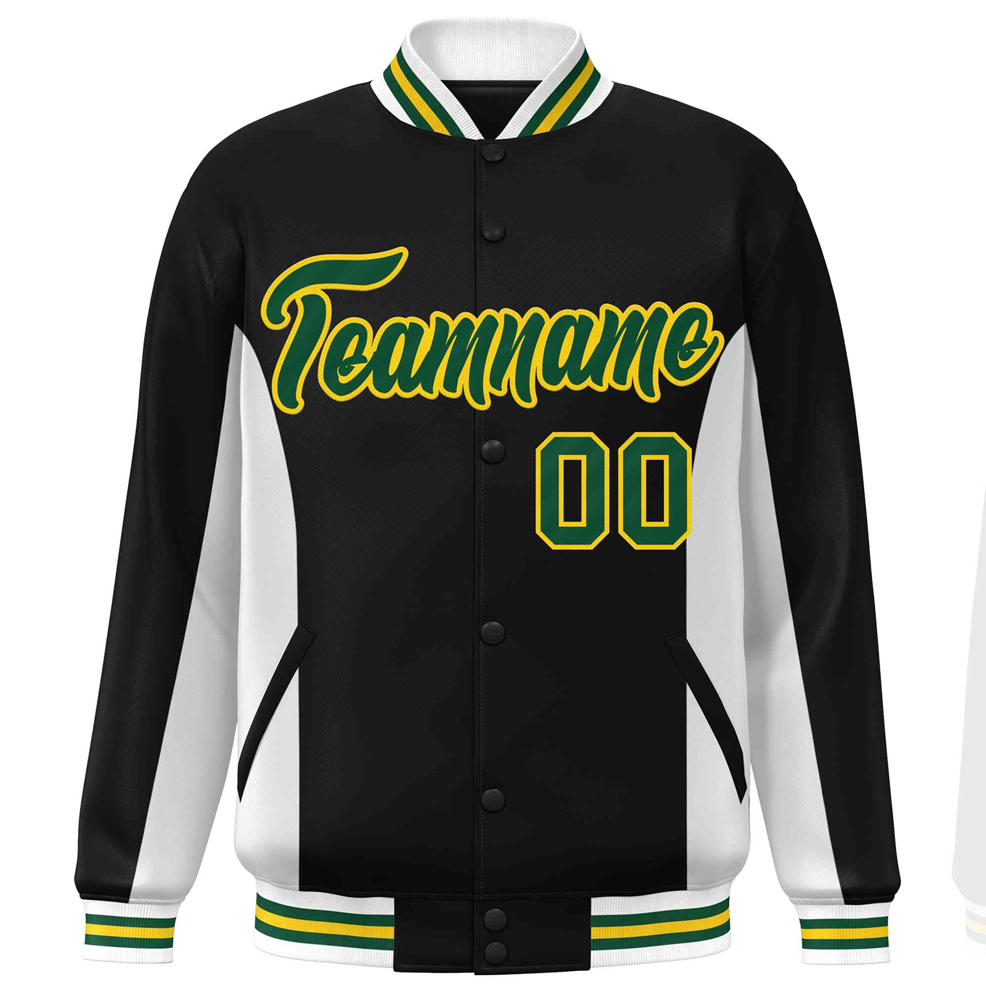 Custom Black White-Green Varsity Full-Snap Color Block Letterman Baseball Jacket