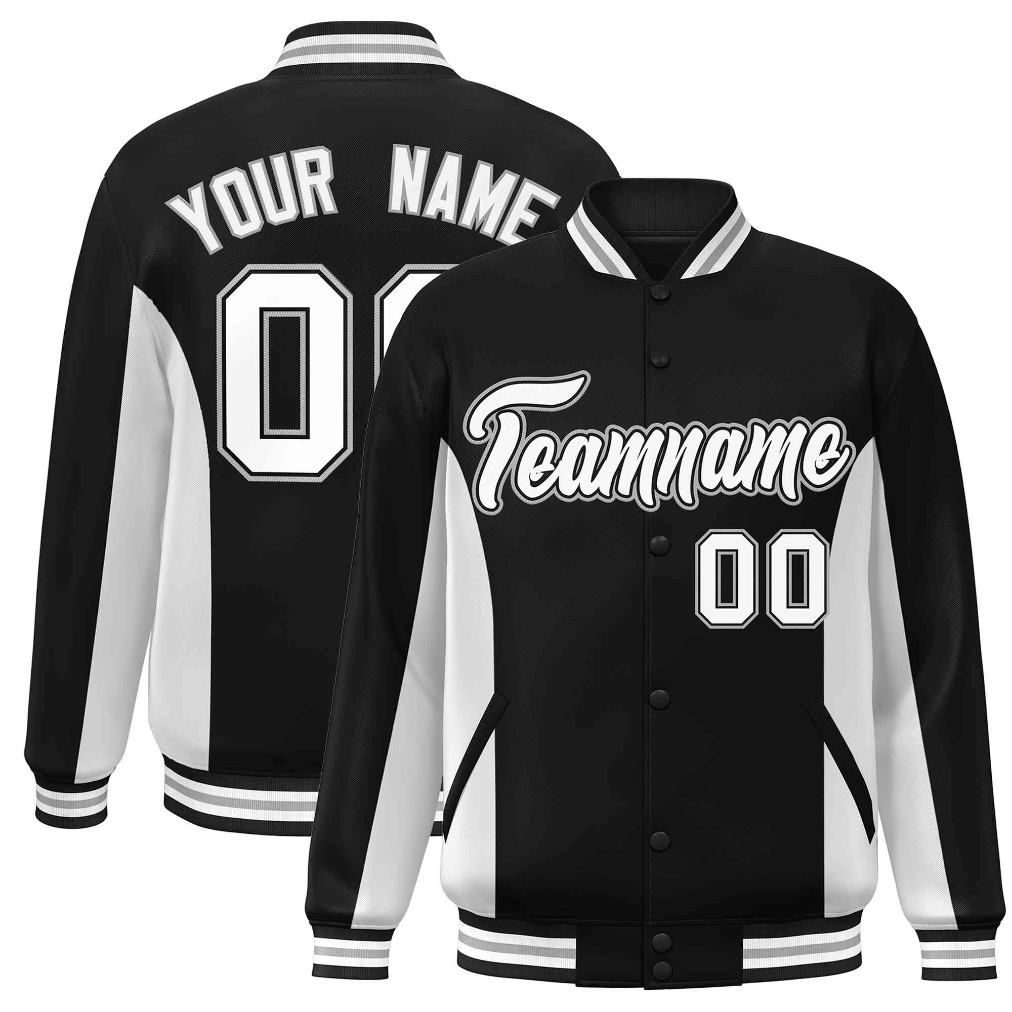 Custom Black White Varsity Full-Snap Color Block Letterman Baseball Jacket