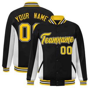 Custom Black White-Gold Varsity Full-Snap Color Block Letterman Baseball Jacket