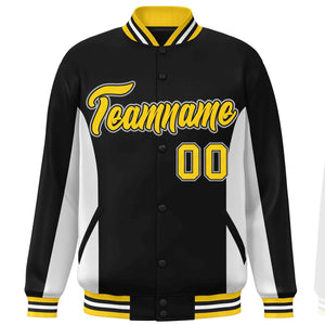 Custom Black White-Gold Varsity Full-Snap Color Block Letterman Baseball Jacket