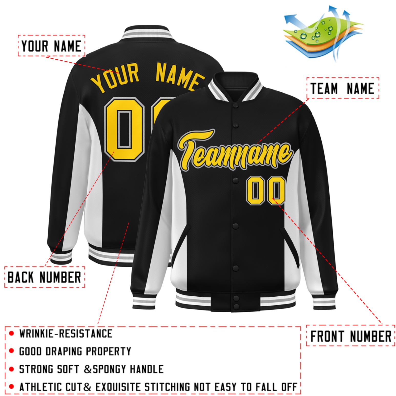 Custom Black White-Gold Varsity Full-Snap Color Block Letterman Baseball Jacket