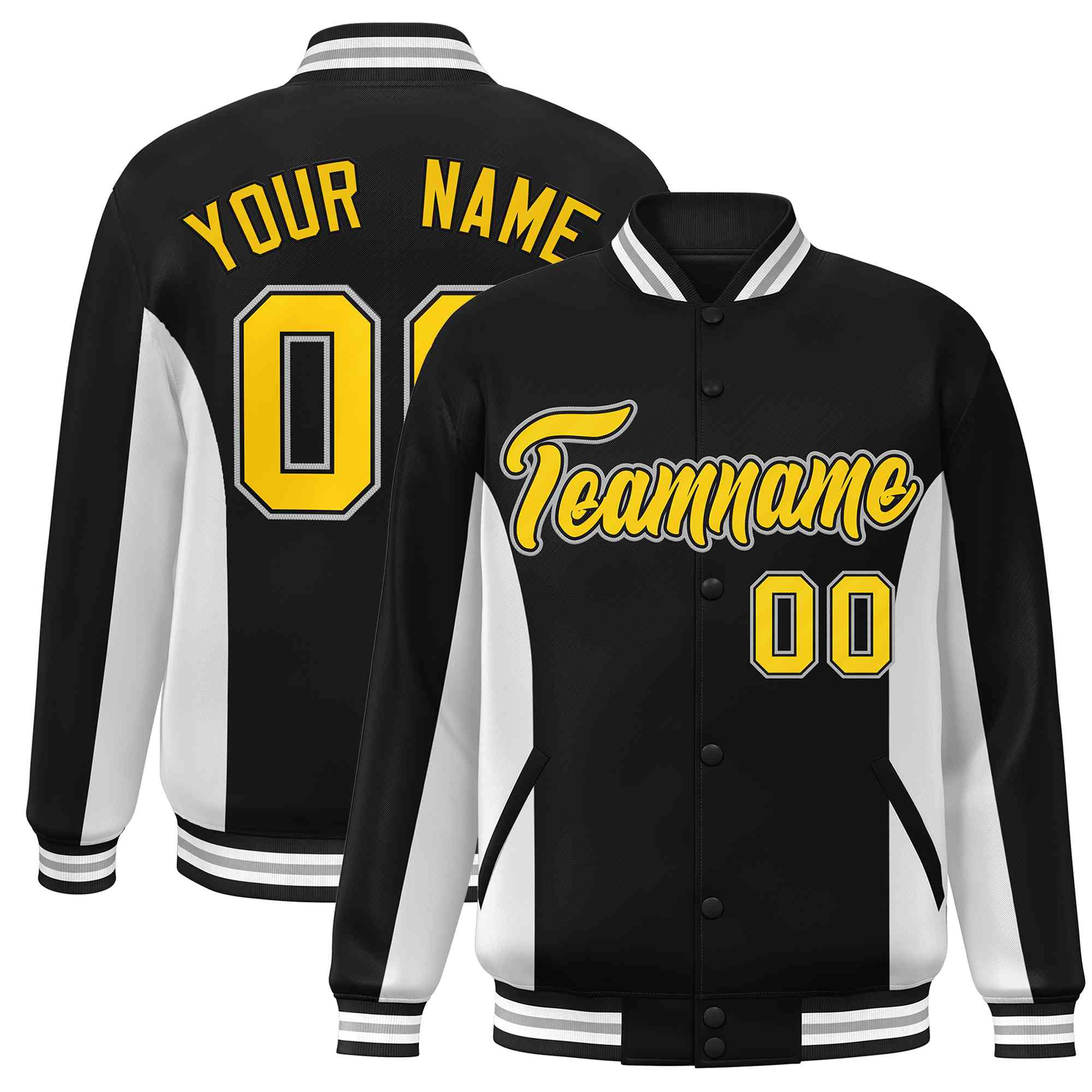 Custom Black White-Gold Varsity Full-Snap Color Block Letterman Baseball Jacket