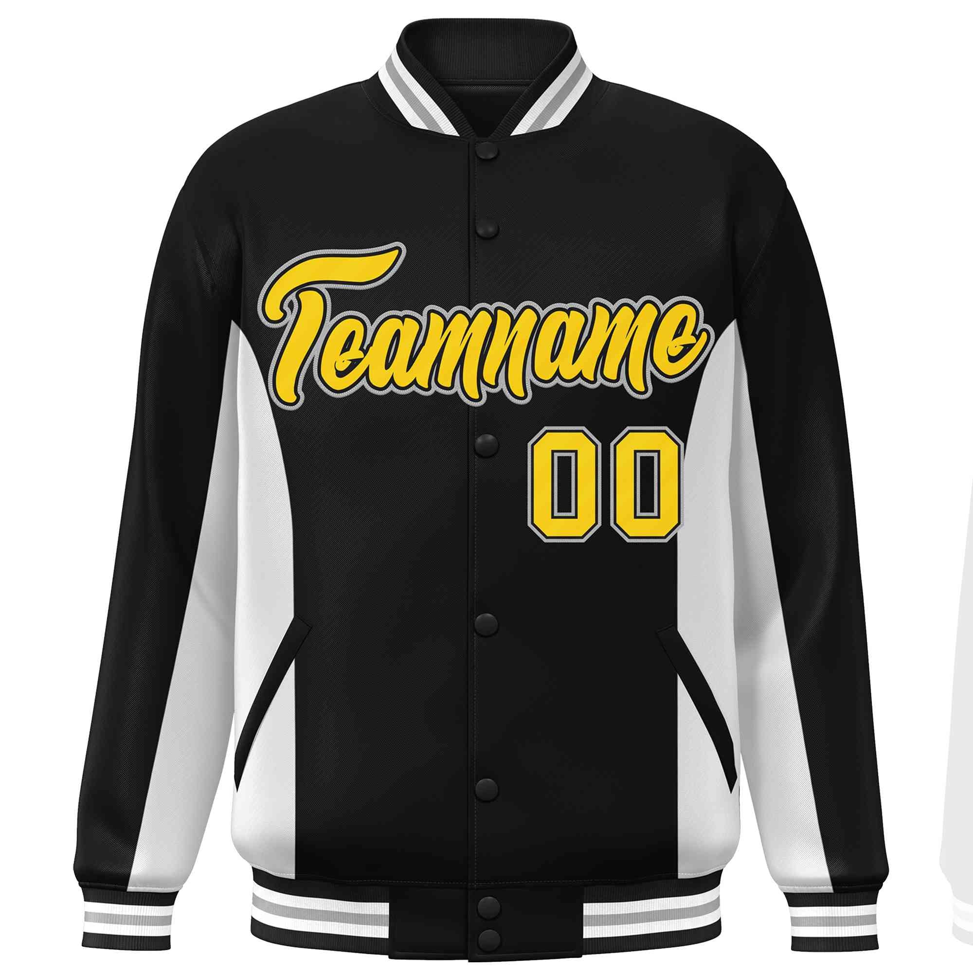 Custom Black White-Gold Varsity Full-Snap Color Block Letterman Baseball Jacket