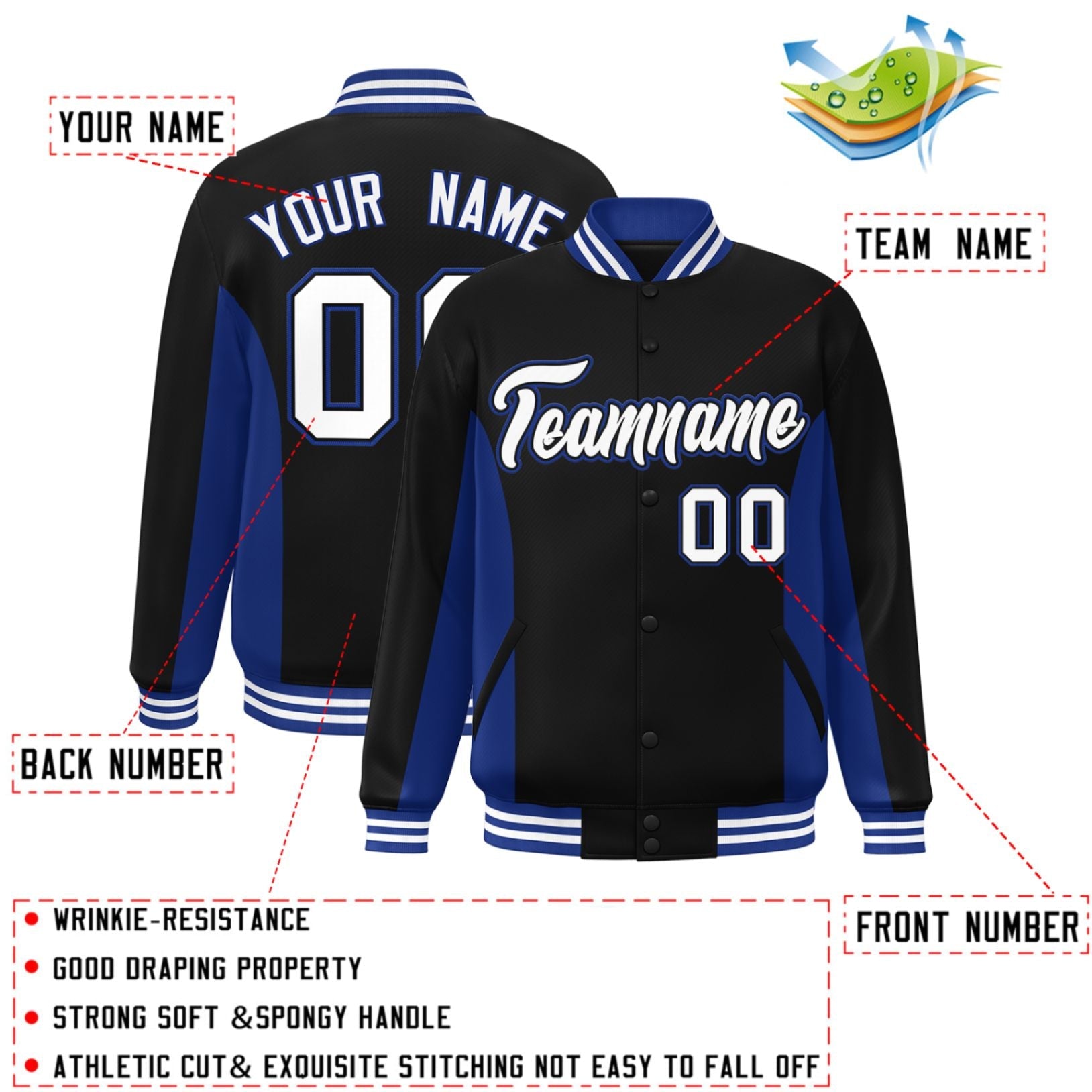 Custom Black Royal-White Varsity Full-Snap Color Block Letterman Baseball Jacket