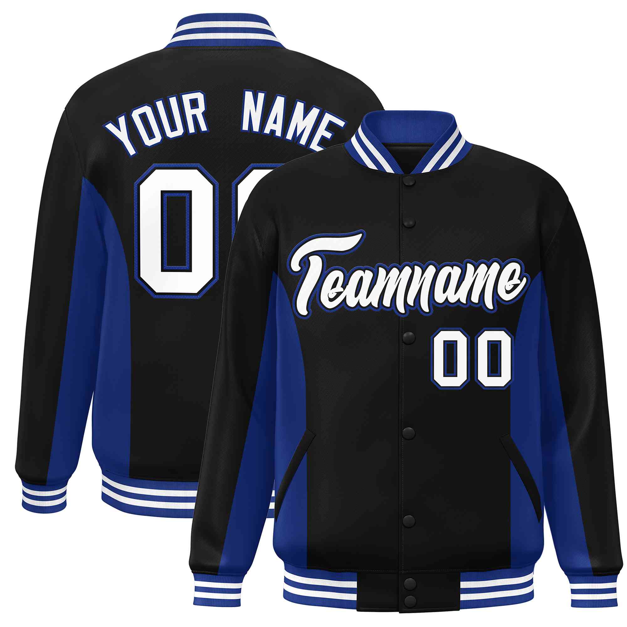 Custom Black Royal-White Varsity Full-Snap Color Block Letterman Baseball Jacket