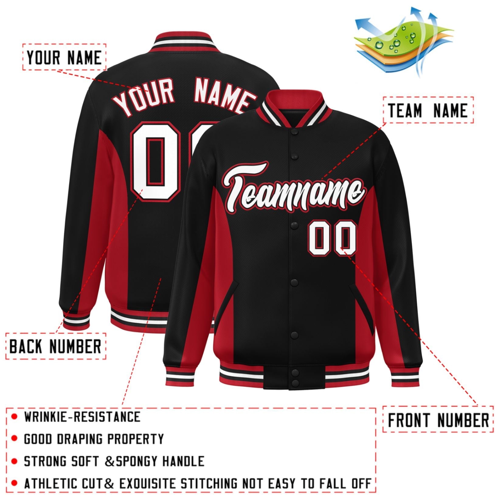 Custom Black Red-White Varsity Full-Snap Color Block Letterman Baseball Jacket