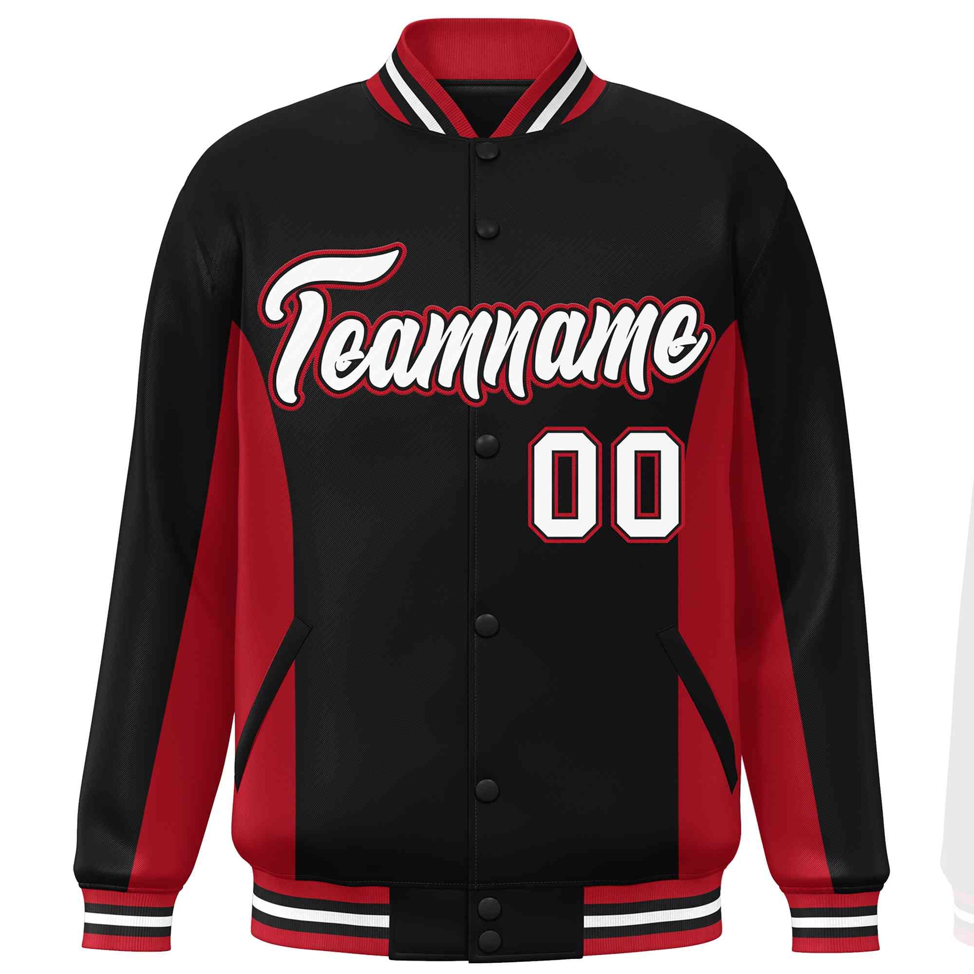 Custom Black Red-White Varsity Full-Snap Color Block Letterman Baseball Jacket