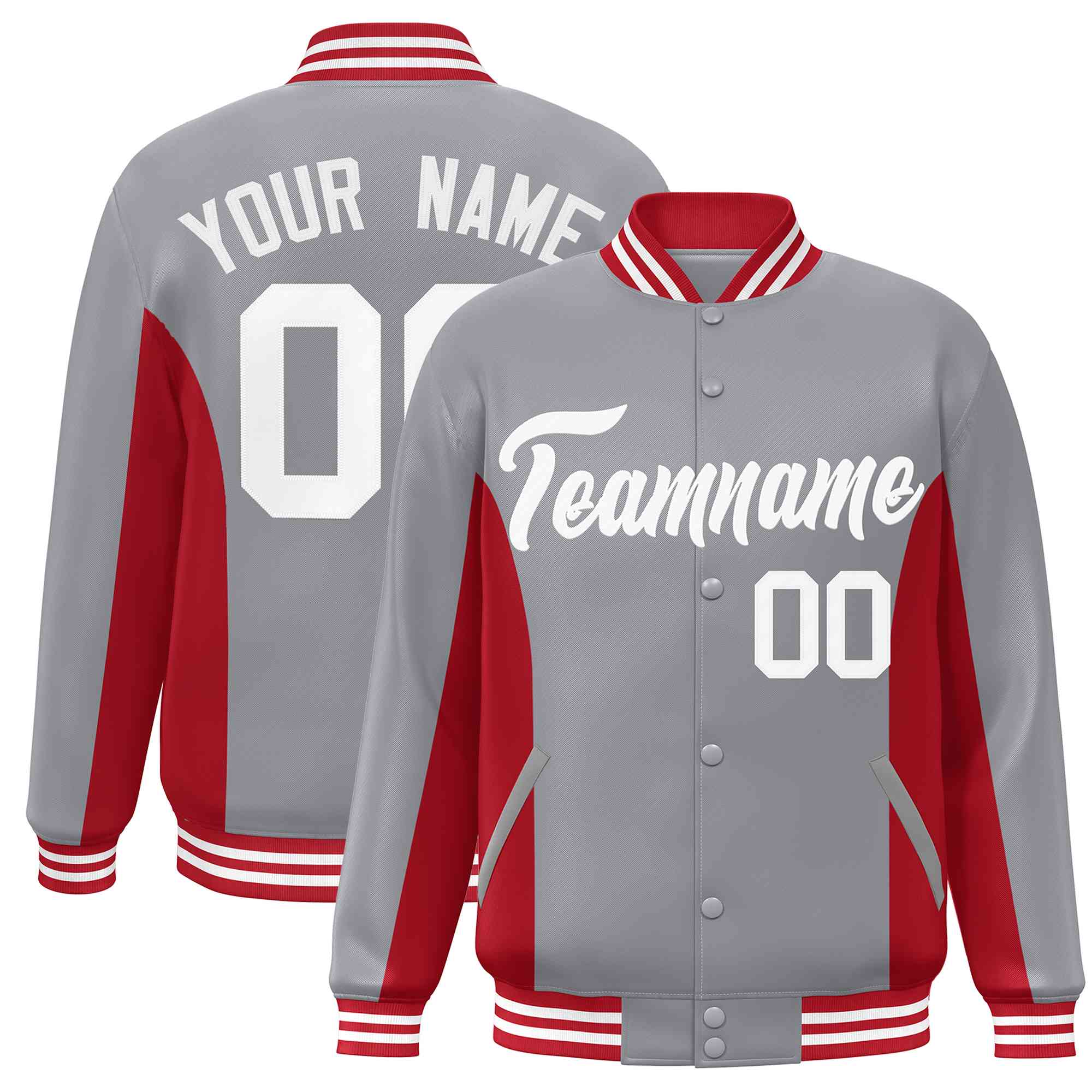 Custom Gray Red-White Varsity Full-Snap Color Block Letterman Baseball Jacket