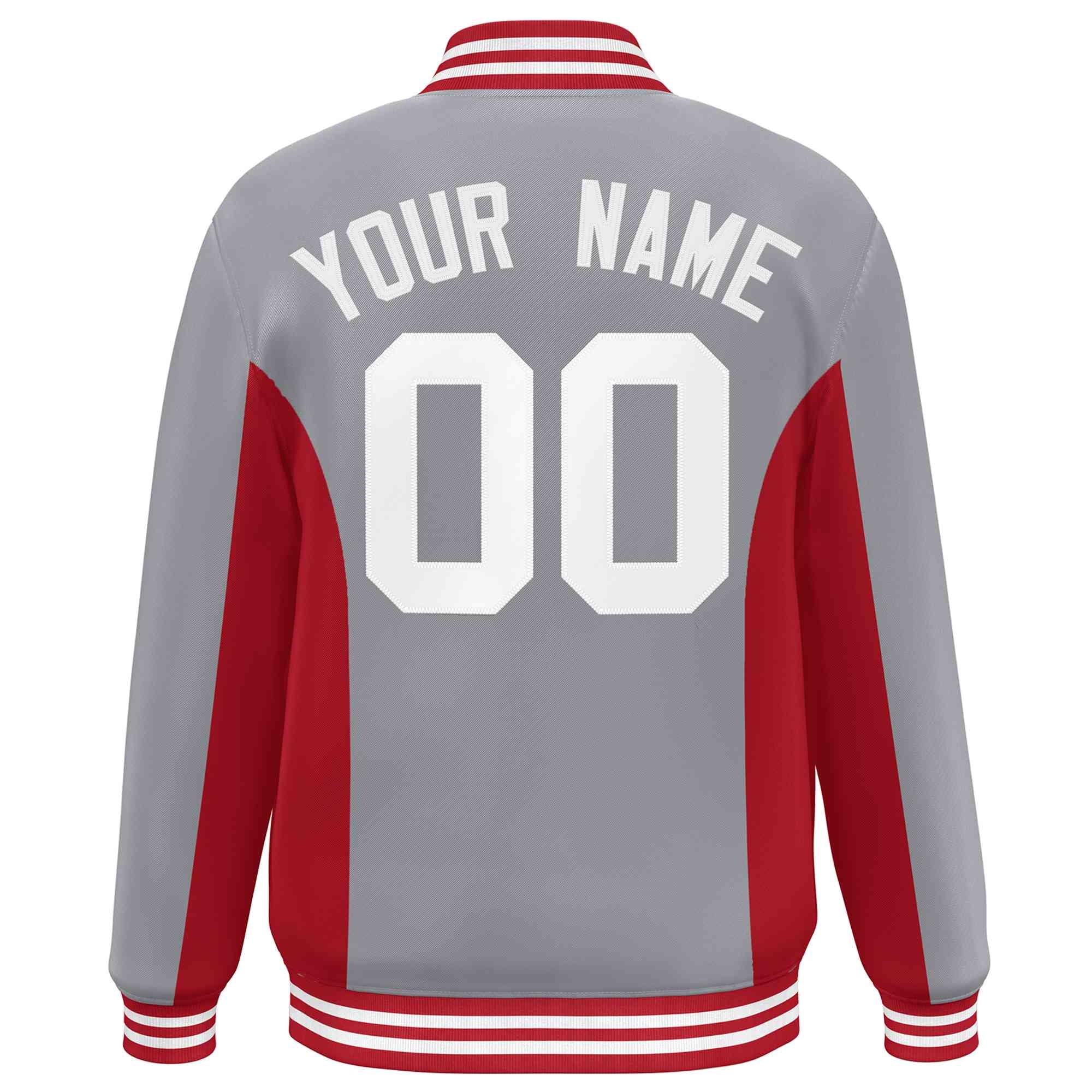 Custom Gray Red-White Varsity Full-Snap Color Block Letterman Baseball Jacket