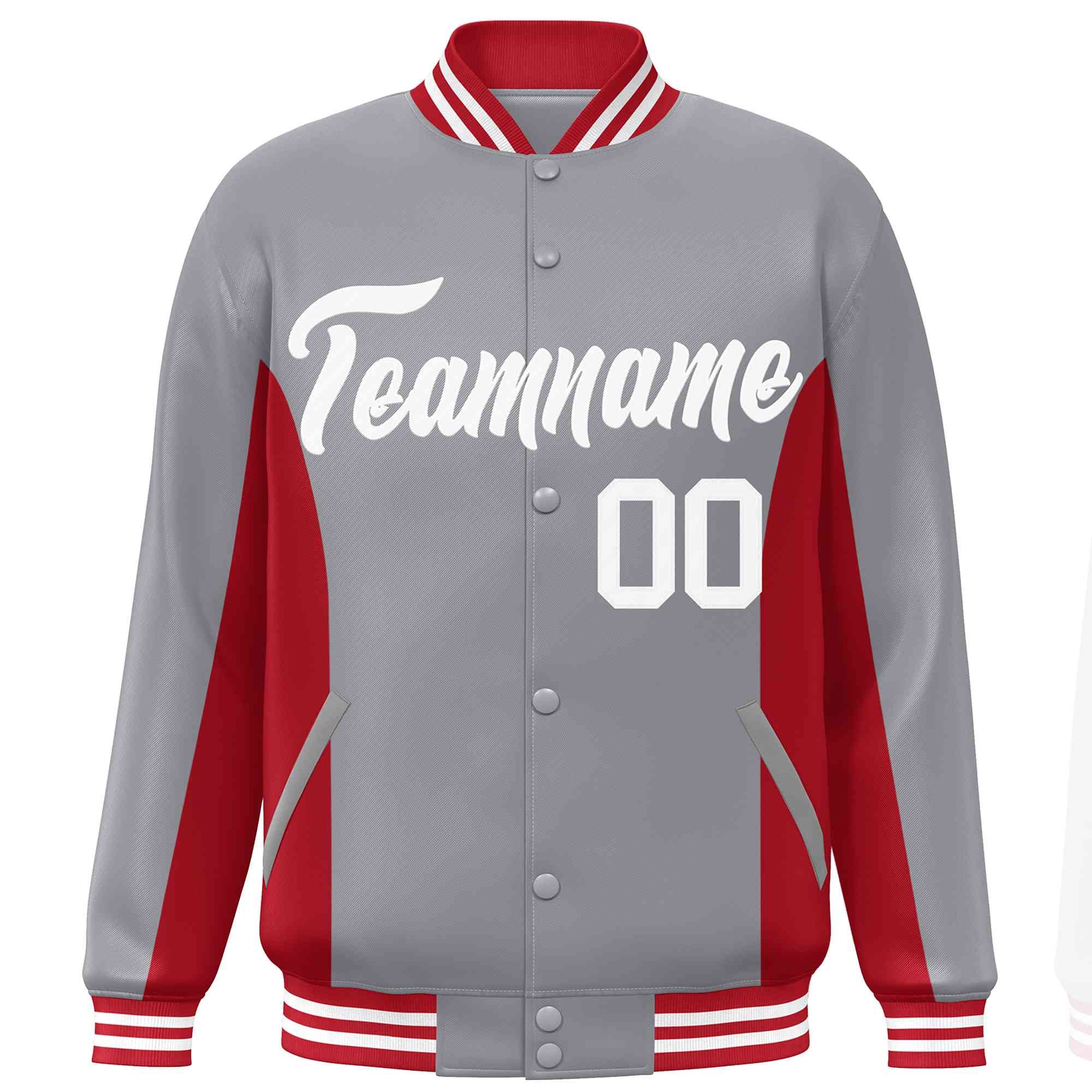 Custom Gray Red-White Varsity Full-Snap Color Block Letterman Baseball Jacket