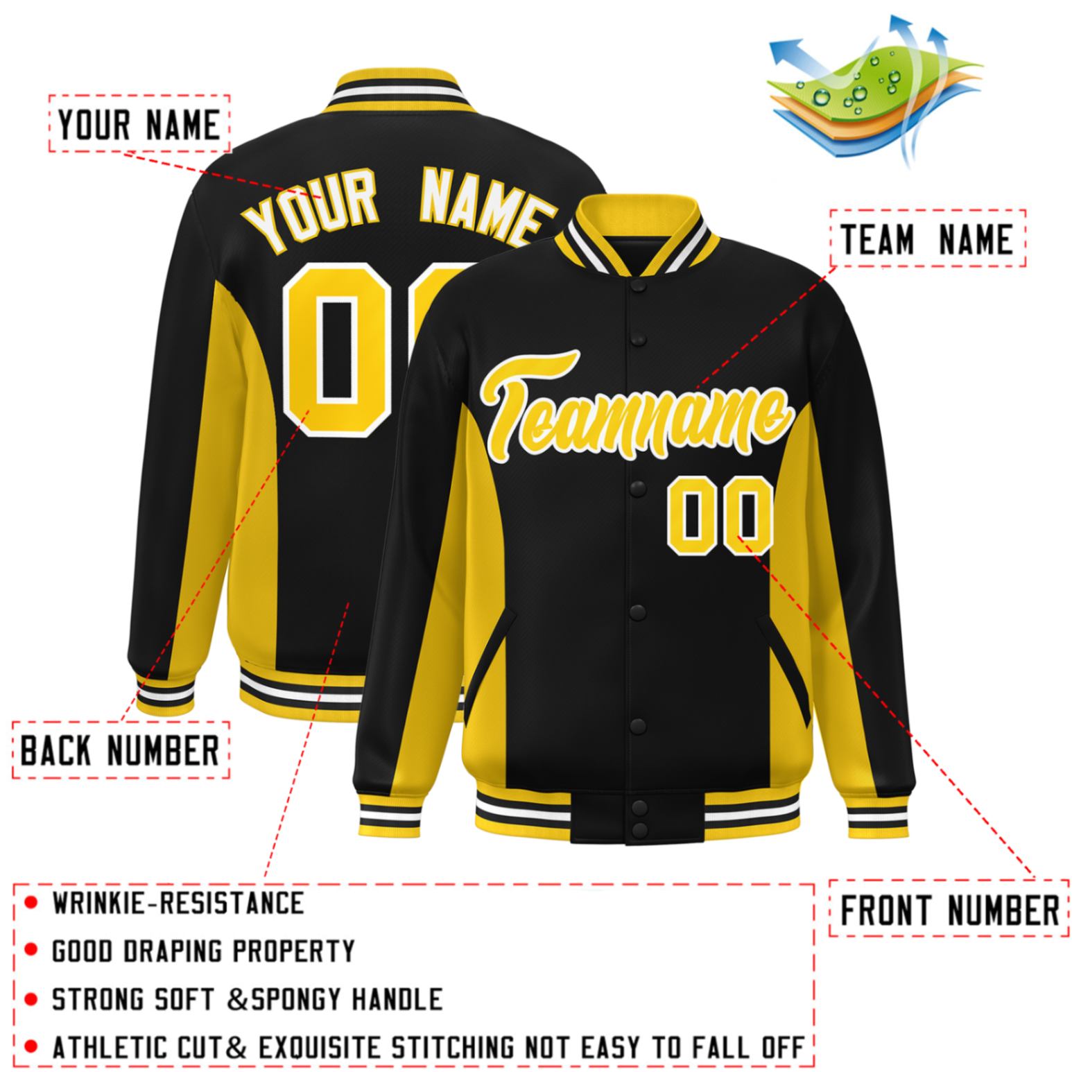 Custom Black Gold Varsity Full-Snap Color Block Letterman Baseball Jacket