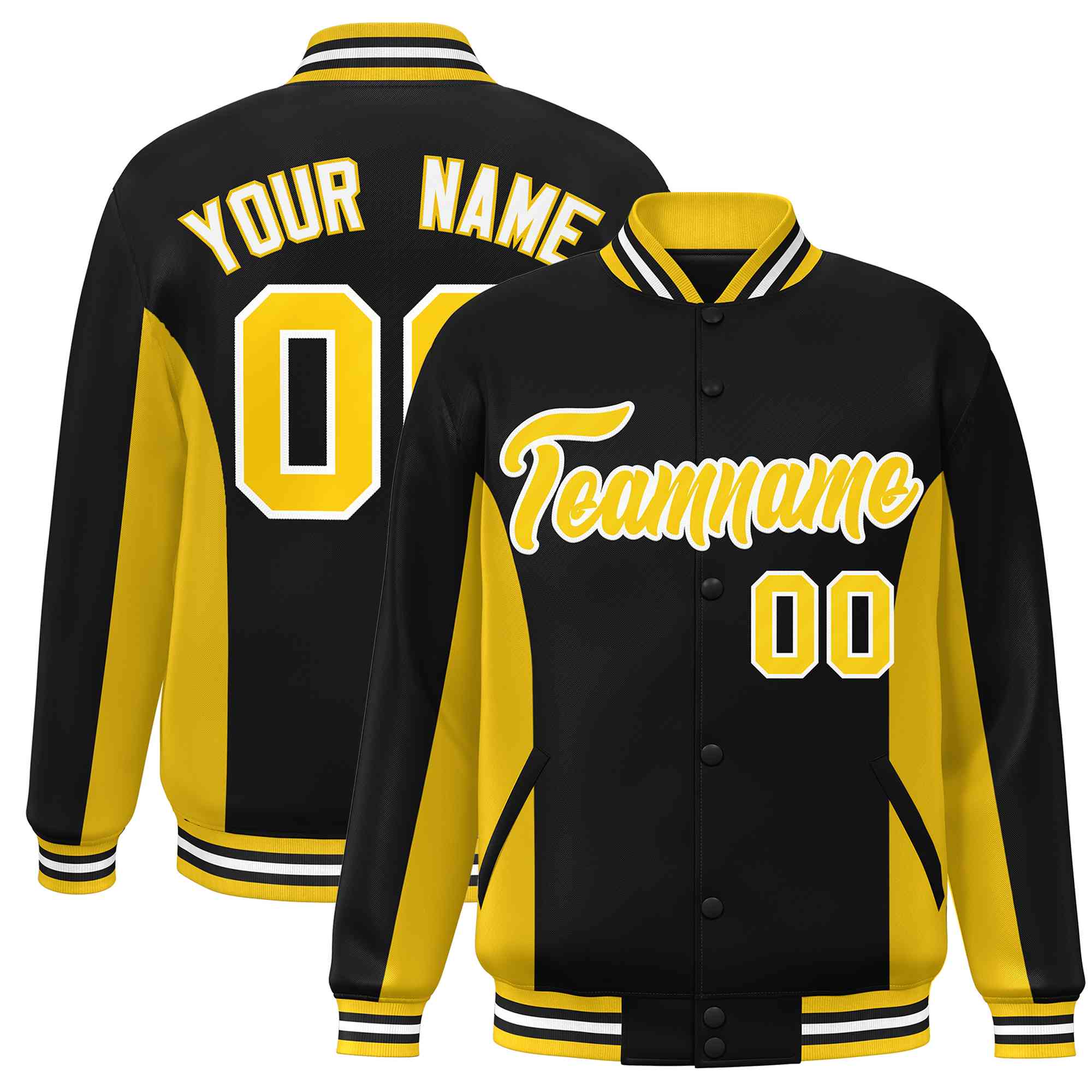 Custom Black Gold Varsity Full-Snap Color Block Letterman Baseball Jacket