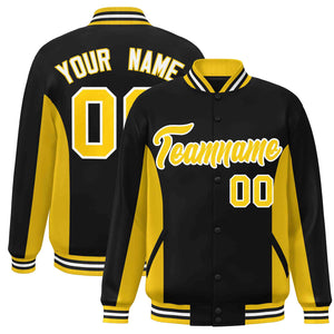 Custom Black Gold Varsity Full-Snap Color Block Letterman Baseball Jacket