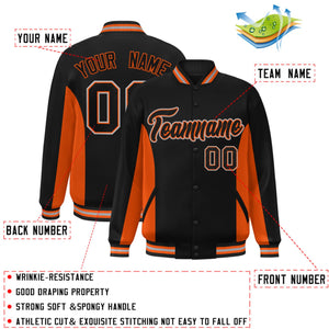 Custom Black Orange Varsity Full-Snap Color Block Letterman Baseball Jacket