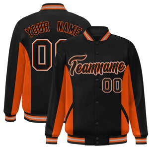 Custom Black Orange Varsity Full-Snap Color Block Letterman Baseball Jacket