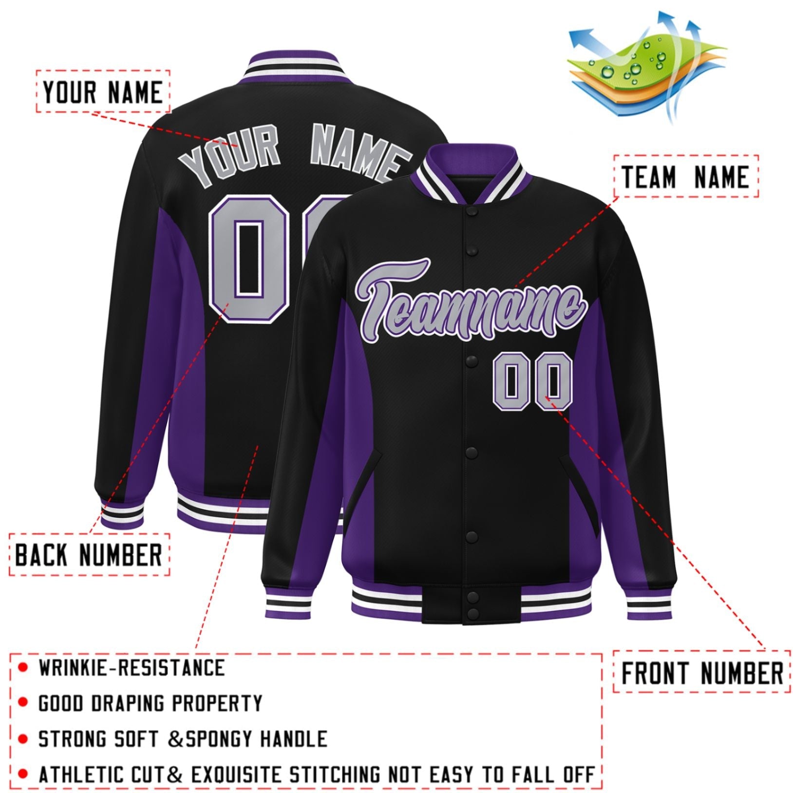 Custom Black Purple-Gray Varsity Full-Snap Color Block Letterman Baseball Jacket