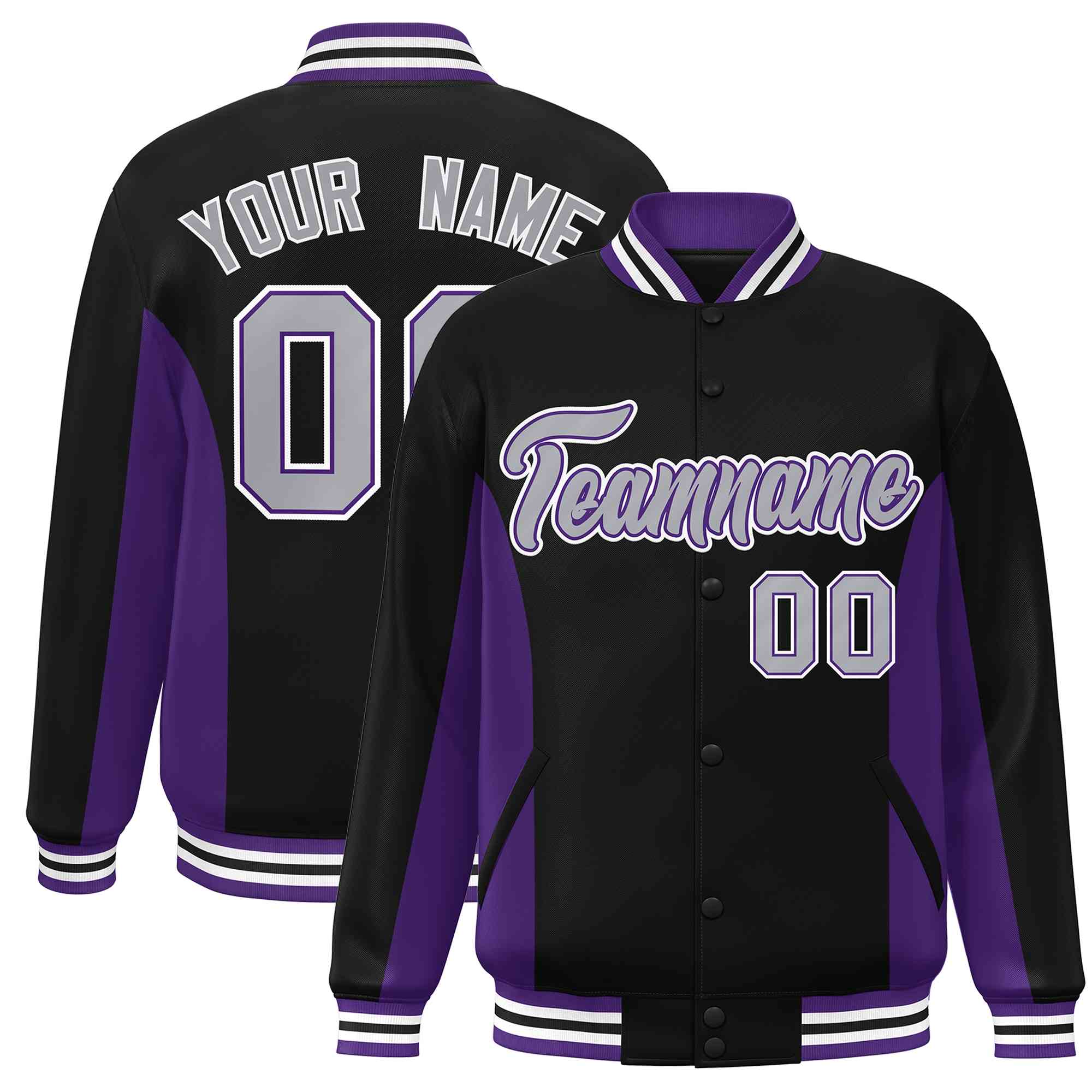 Custom Black Purple-Gray Varsity Full-Snap Color Block Letterman Baseball Jacket