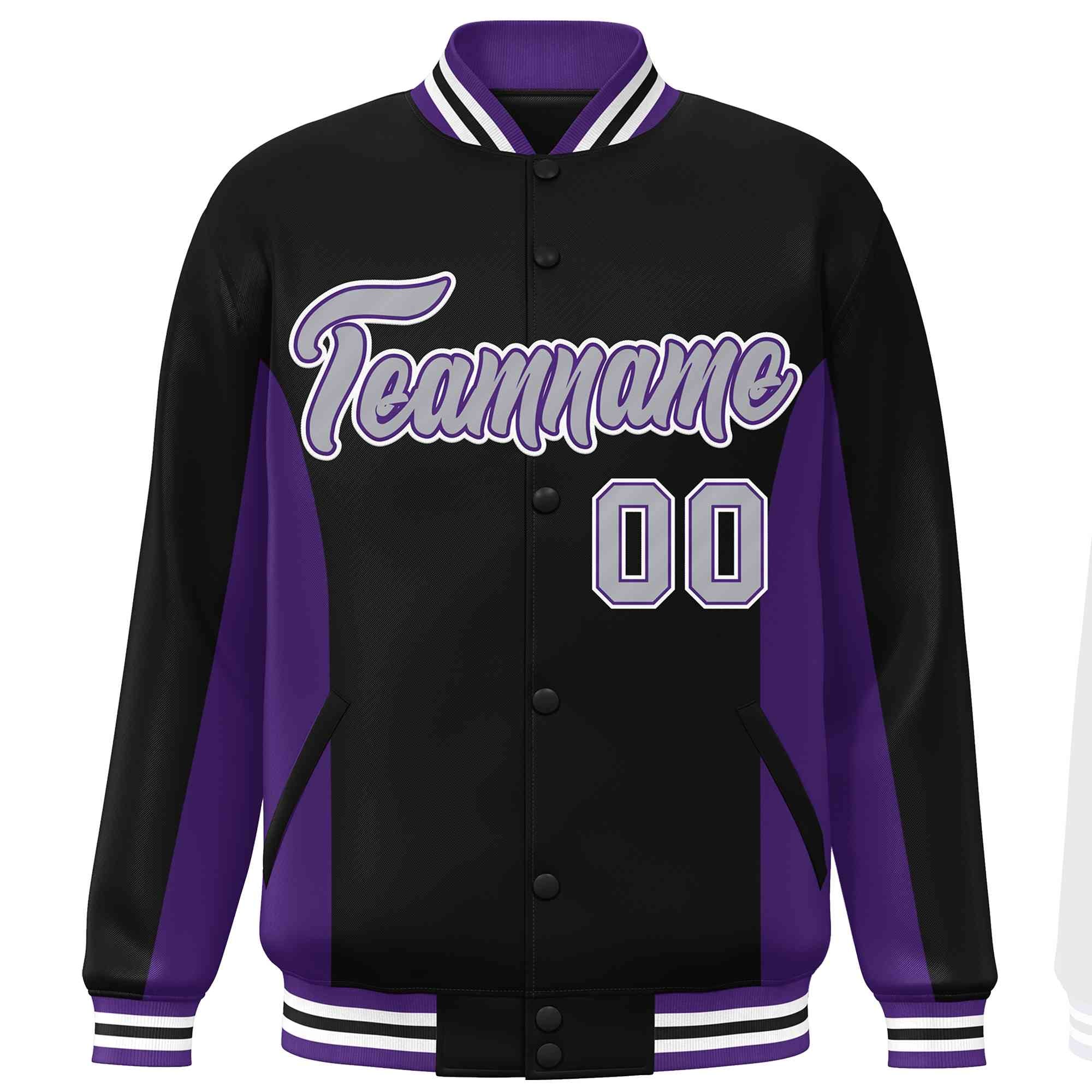 Custom Black Purple-Gray Varsity Full-Snap Color Block Letterman Baseball Jacket