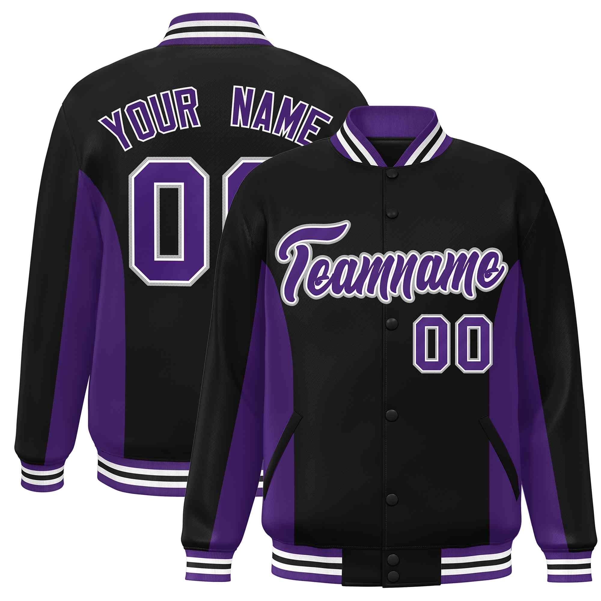 Custom Black Purple Varsity Full-Snap Color Block Letterman Baseball Jacket