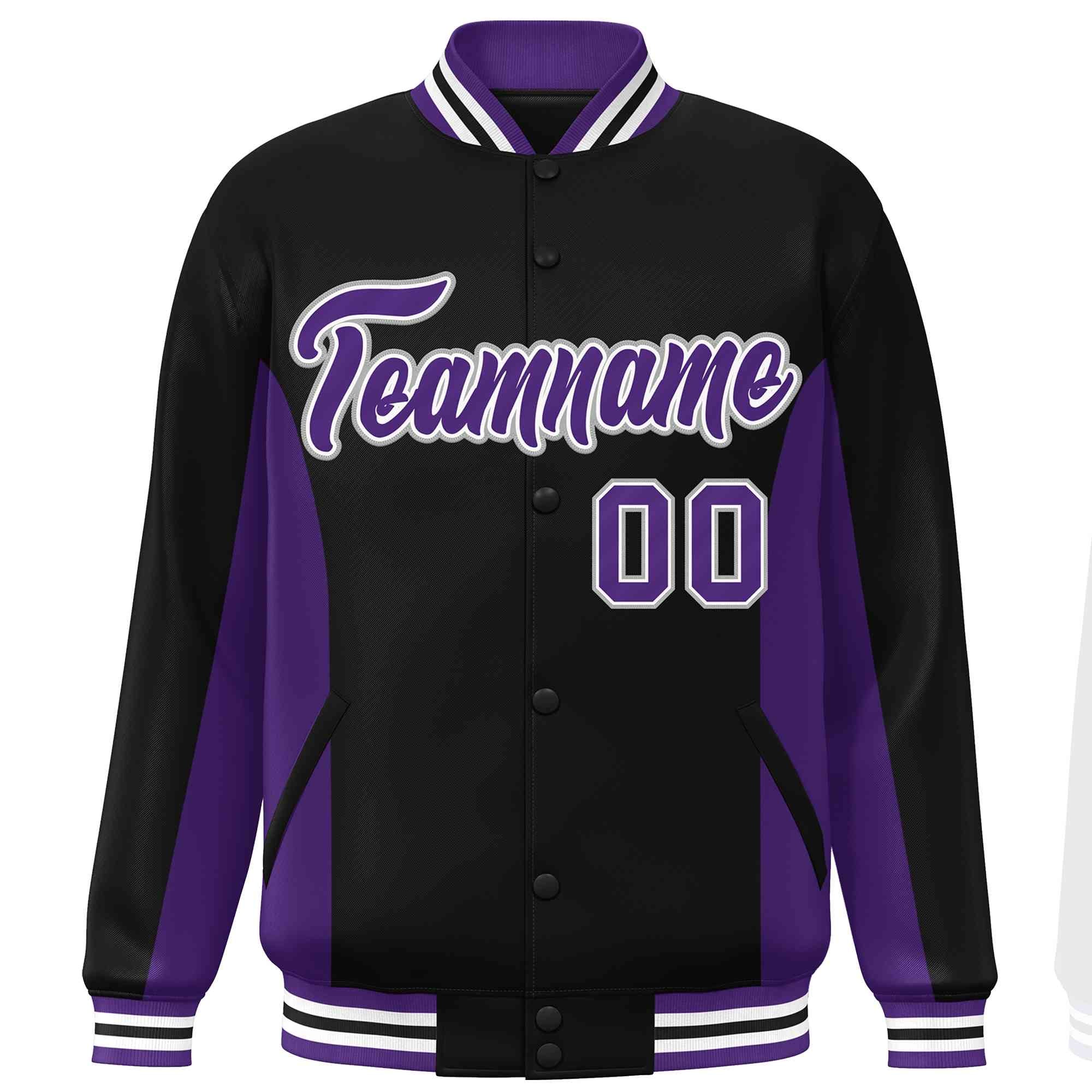 Custom Black Purple Varsity Full-Snap Color Block Letterman Baseball Jacket