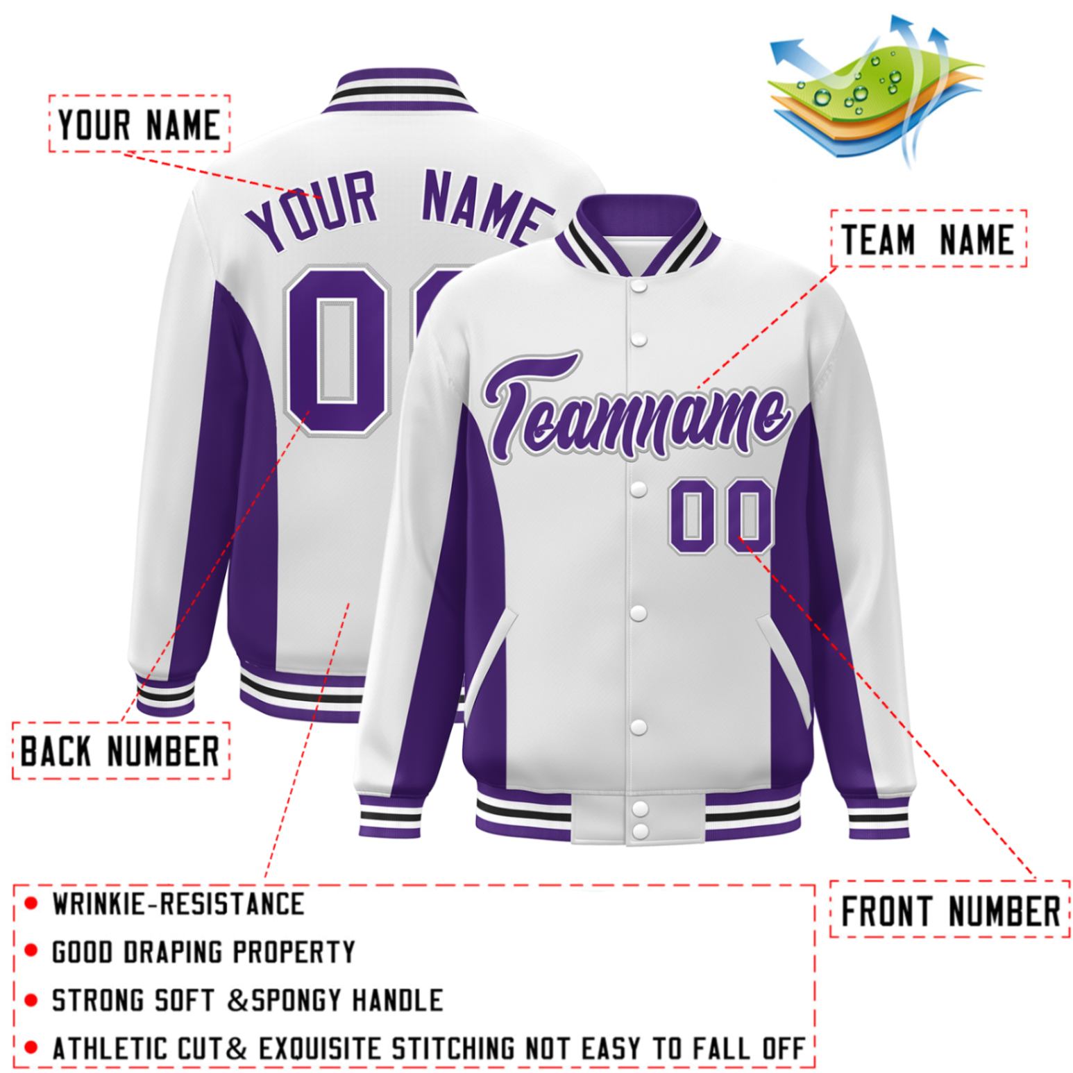 Custom White Purple Varsity Full-Snap Color Block Letterman Baseball Jacket