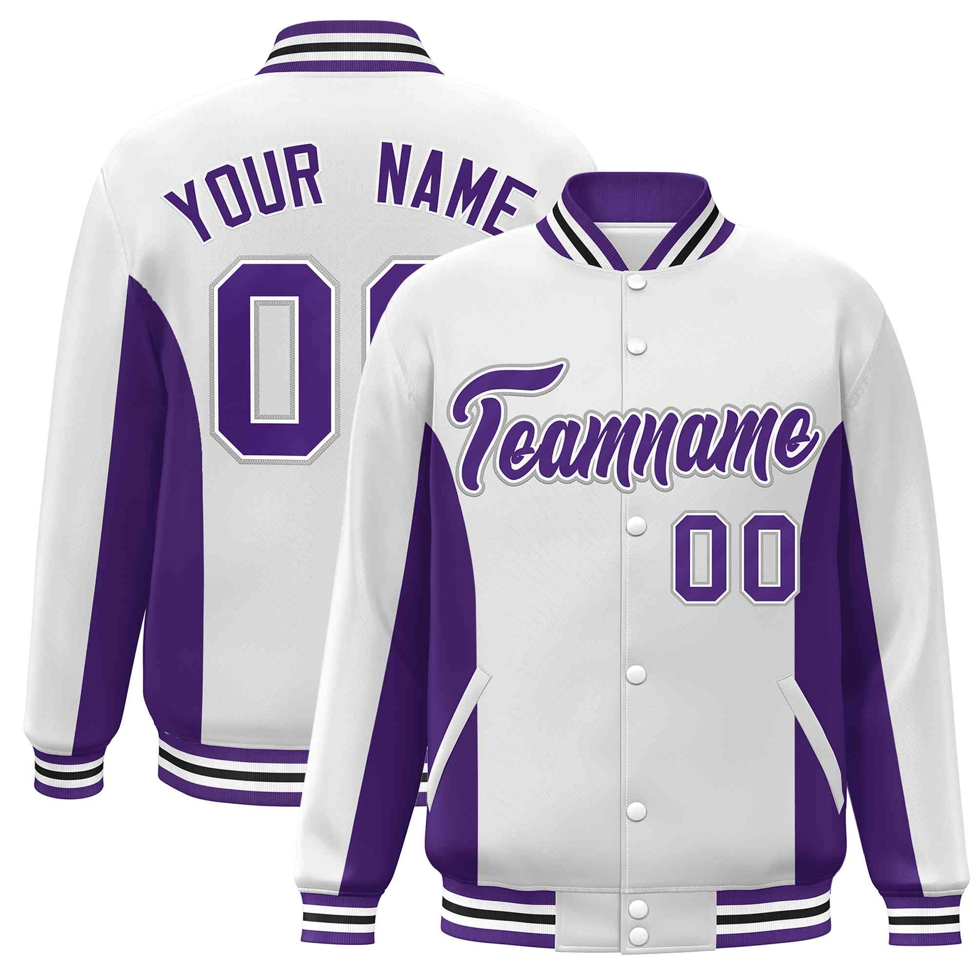 Custom White Purple Varsity Full-Snap Color Block Letterman Baseball Jacket