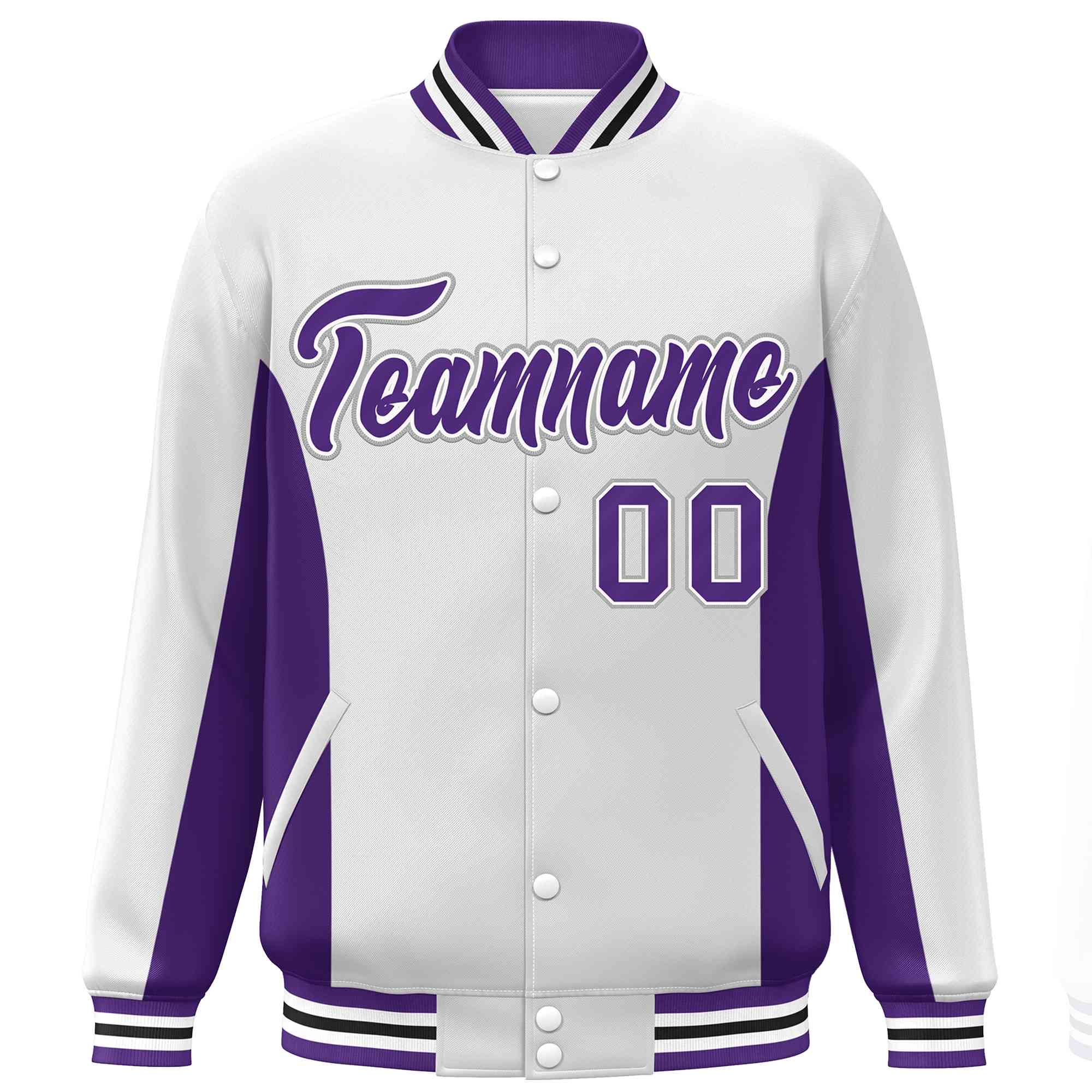 Custom White Purple Varsity Full-Snap Color Block Letterman Baseball Jacket