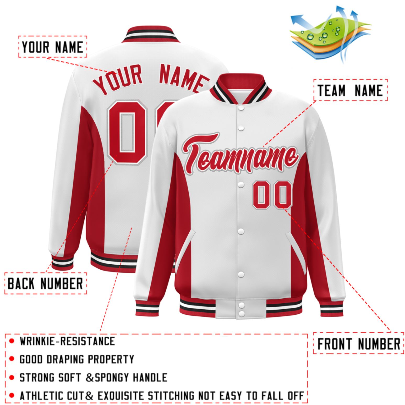 Custom White Red Varsity Full-Snap Color Block Letterman Baseball Jacket