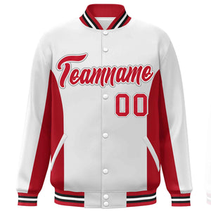 Custom White Red Varsity Full-Snap Color Block Letterman Baseball Jacket