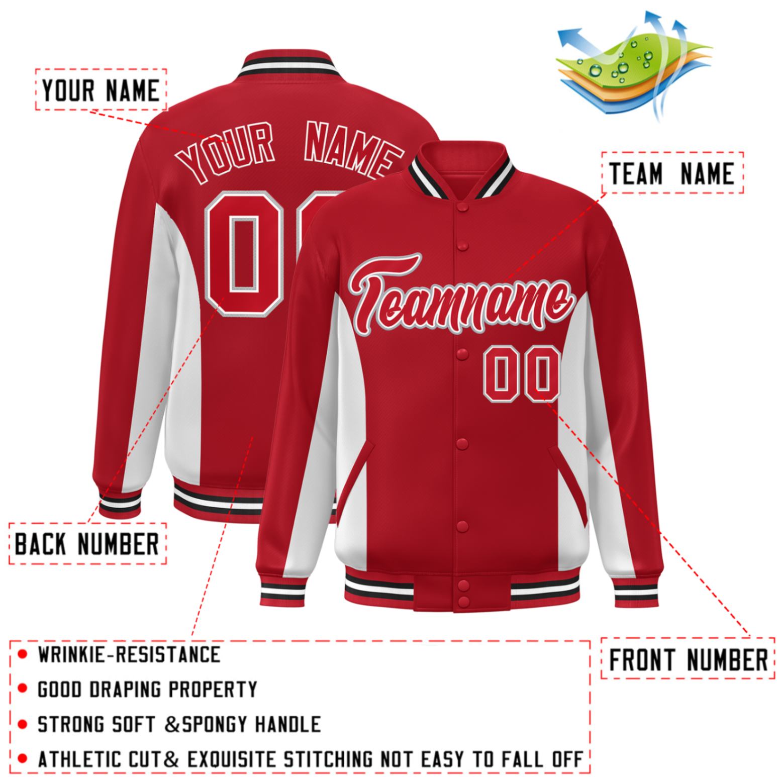 Custom Red White Varsity Full-Snap Color Block Letterman Baseball Jacket