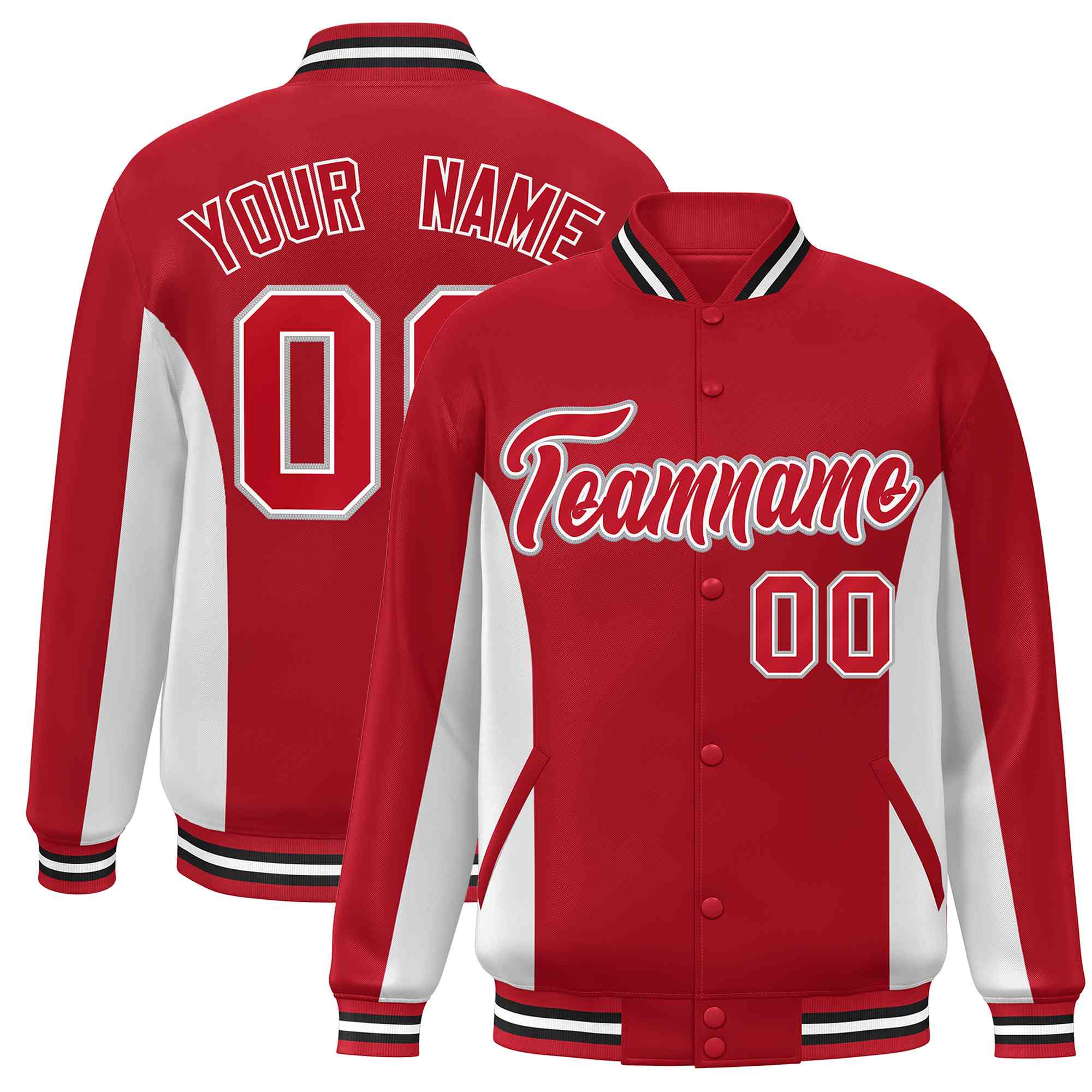 Custom Red White Varsity Full-Snap Color Block Letterman Baseball Jacket