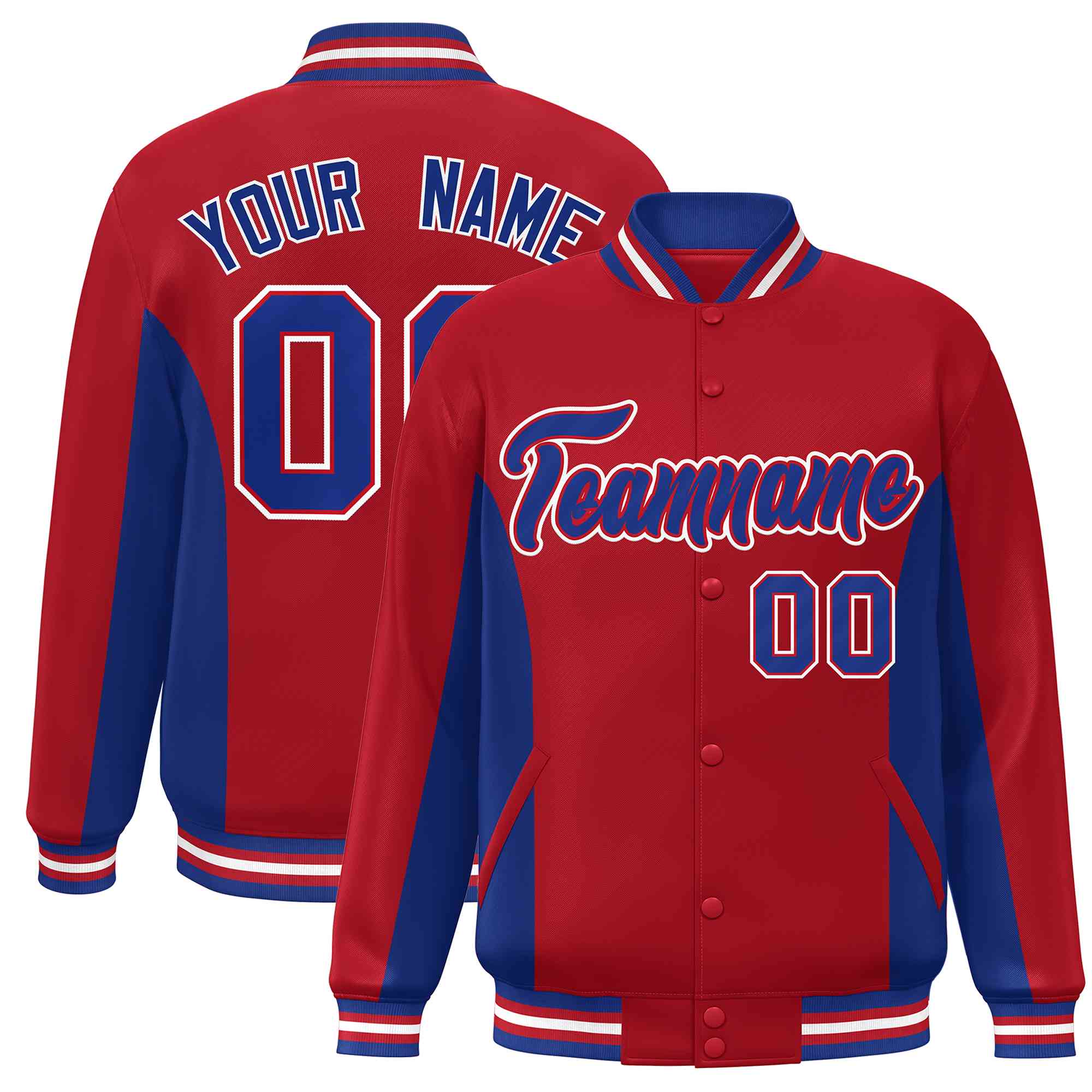 Custom Red Royal Varsity Full-Snap Color Block Letterman Baseball Jacket