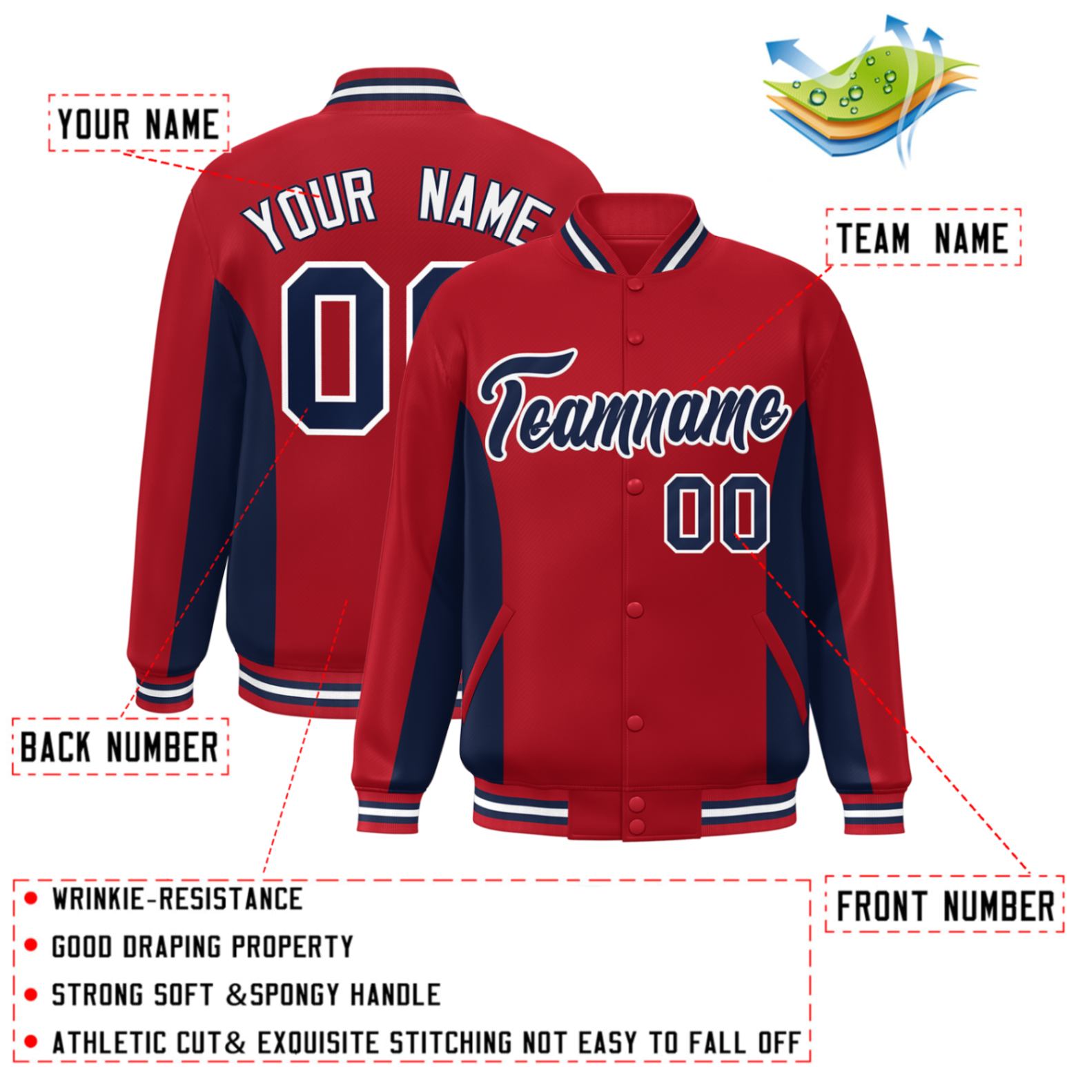 Custom Red Navy Varsity Full-Snap Color Block Letterman Baseball Jacket